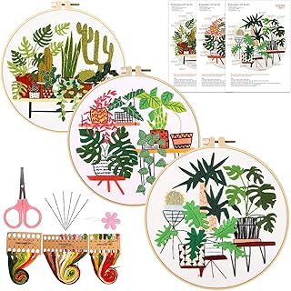 3Pack Embroidery Starter Kit with Pattern and Instructions, DIY Beginner Starter Stitch Kit Include 1Embroidery Hoop, 3 Embroidery Plant Suit Color Threads… (Hanging Basket)