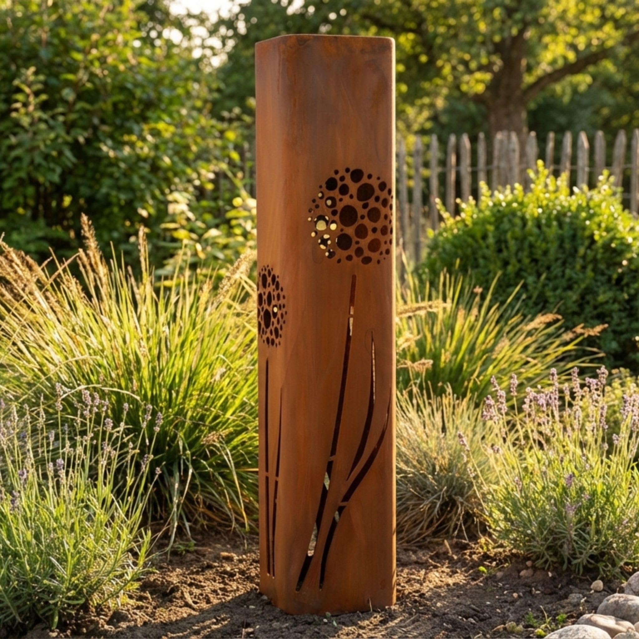 Rostikal Cortenstahl Gartensäule Pusteblume 80 cm Edelrost Gartendeko Rost | Rostsäule, Blumensäule und Dekosäule - Rostdeko Gartenskulptur, witterungsbeständig für draußen