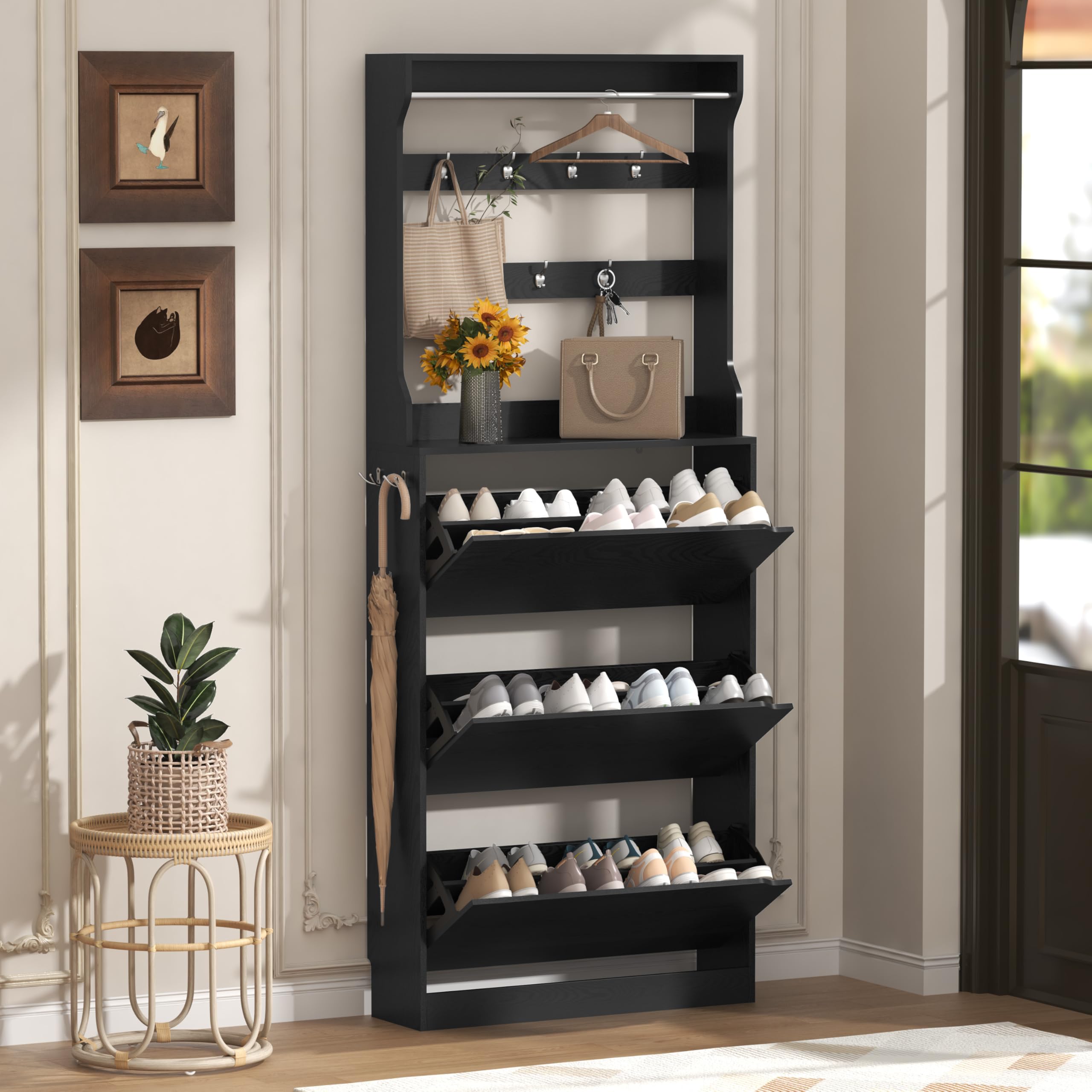 Wodeer Tall Shoe Cabinet with Coat Rack, Hidden Shoe Storage Cabinet with Doors & Drawer, Hanging Bar & Hooks, Slim Narrow Freestanding Shoe Rack