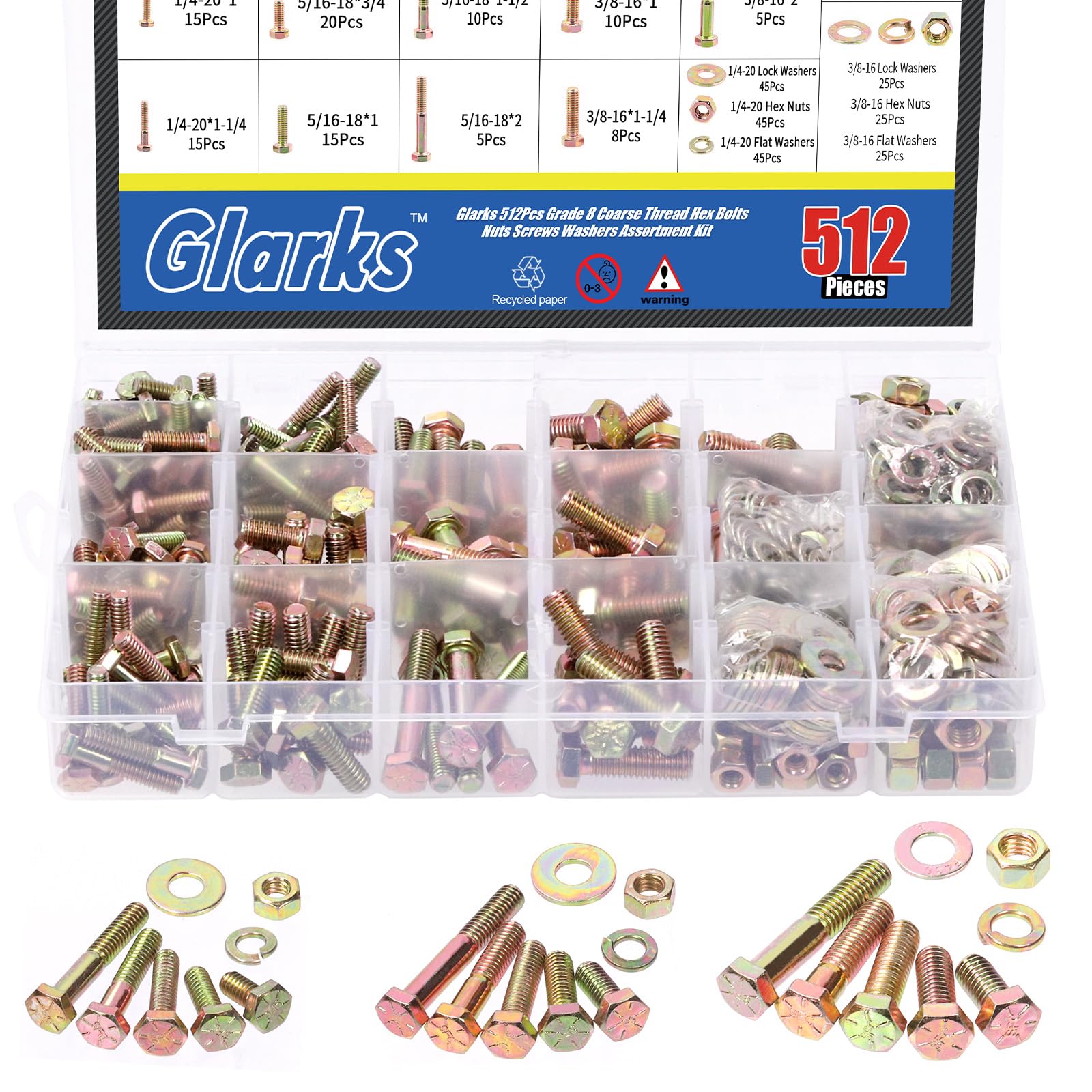 Glarks 512 pezzi di grado 8 bulloni esagonali a filettatura grossa Dadi Viti Rondelle Kit Assortimento, 1/4-20 5/16-18 3/8-16 pollici 15 dimensioni viti a testa esagonale e dadi esagonali rondelle