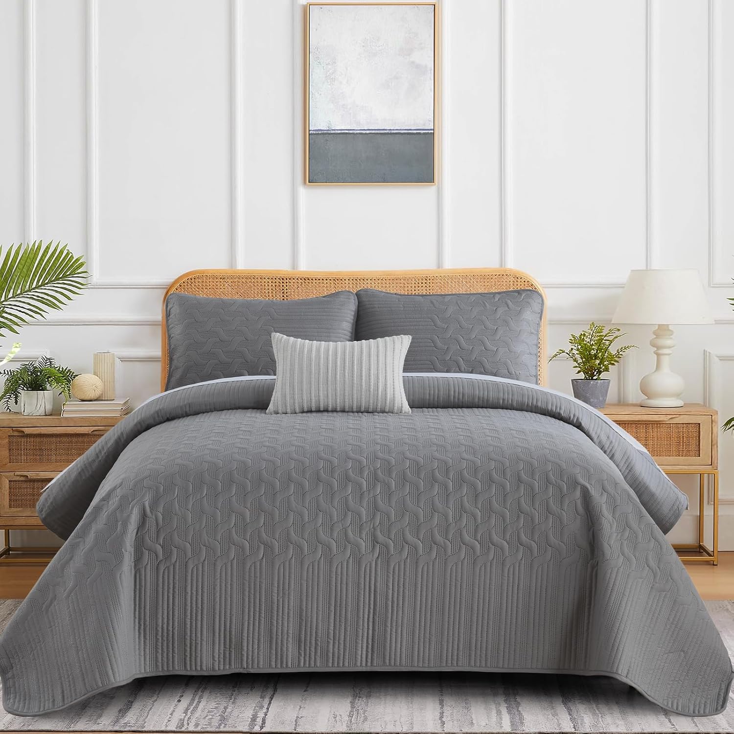 Yiran Grey Quilt Set Queen Size Lightweight Bedspread Ultrasonic Wave Pattern Soft Microfiber Coverlet for All Season Modern Style 3 Piece Bed Cover Sets with 2 Pillow Shams (96"x90")