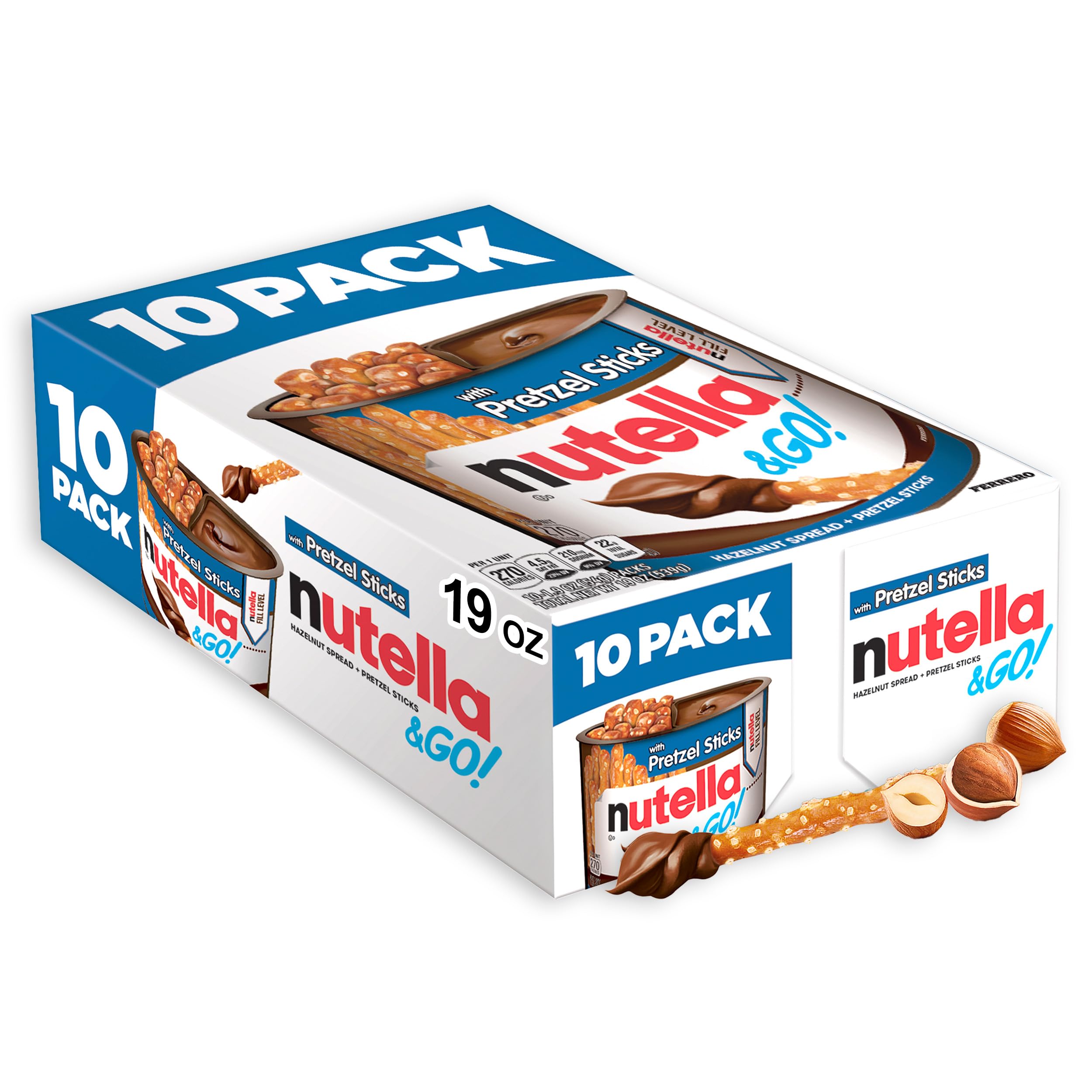 Nutella & GO! Chocolate Hazelnut Spread with Cocoa + Pretzel Sticks, 10 Snack Packs, 1.9 oz Each