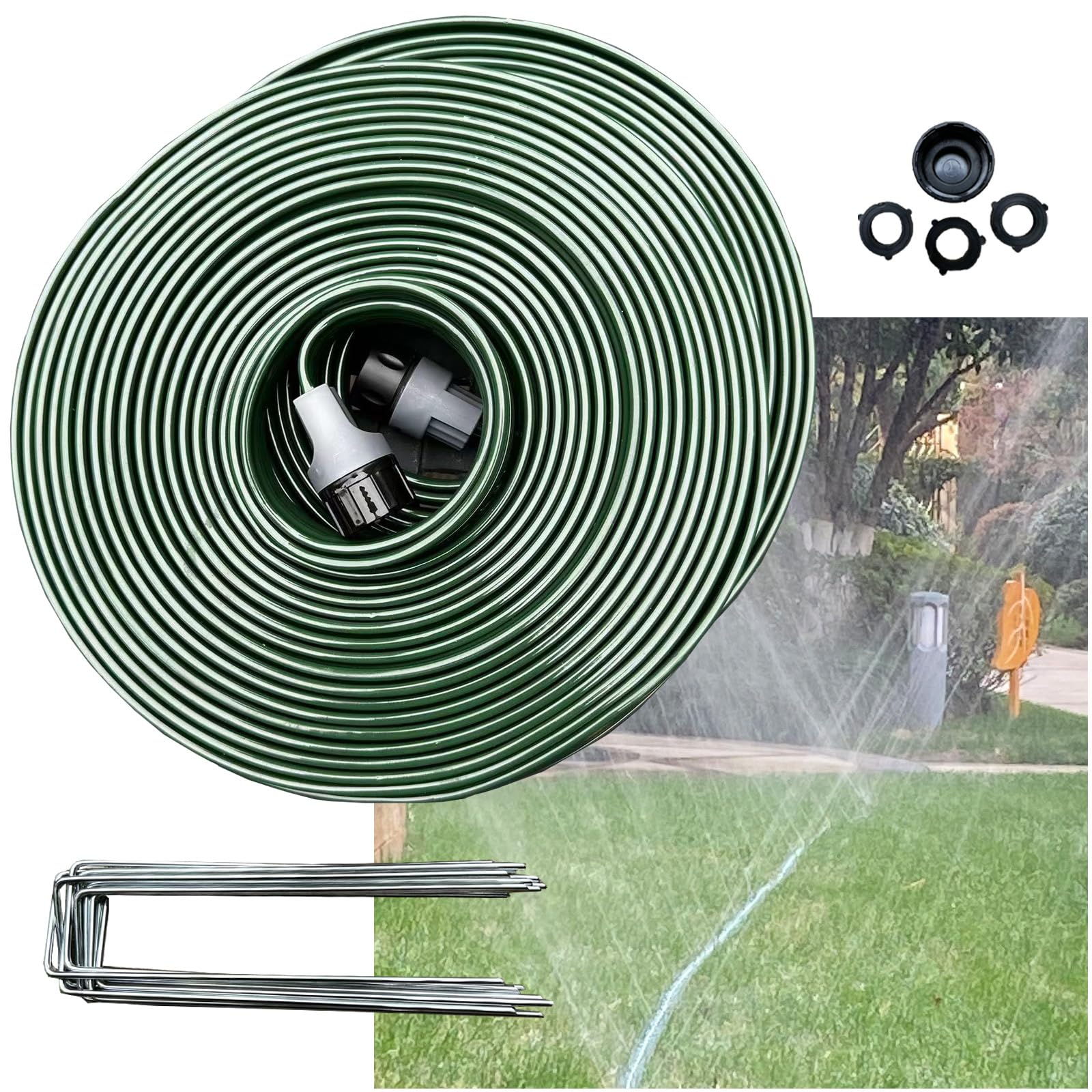 Watoo 2025 Sprinkler Hose & Soaker Hose for Yard - 75 FT Reinforced Flat Garden Hose with Holes, Heavy Duty No-Kink Lawn Irrigation Hose (Includes Stakes, High Pressure Spray)