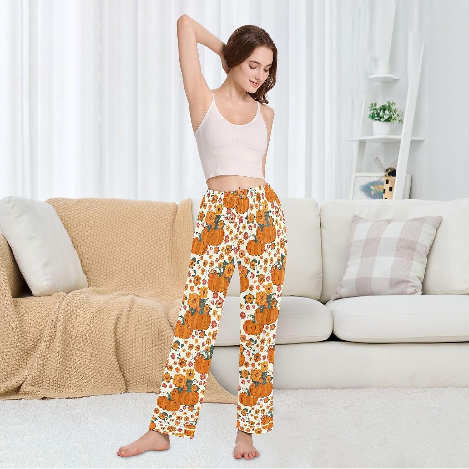 Pajama Pants Women Fall Pumpkin Floral Soft Sleep Lounge Pj Bottoms with Pocket S-XXL
