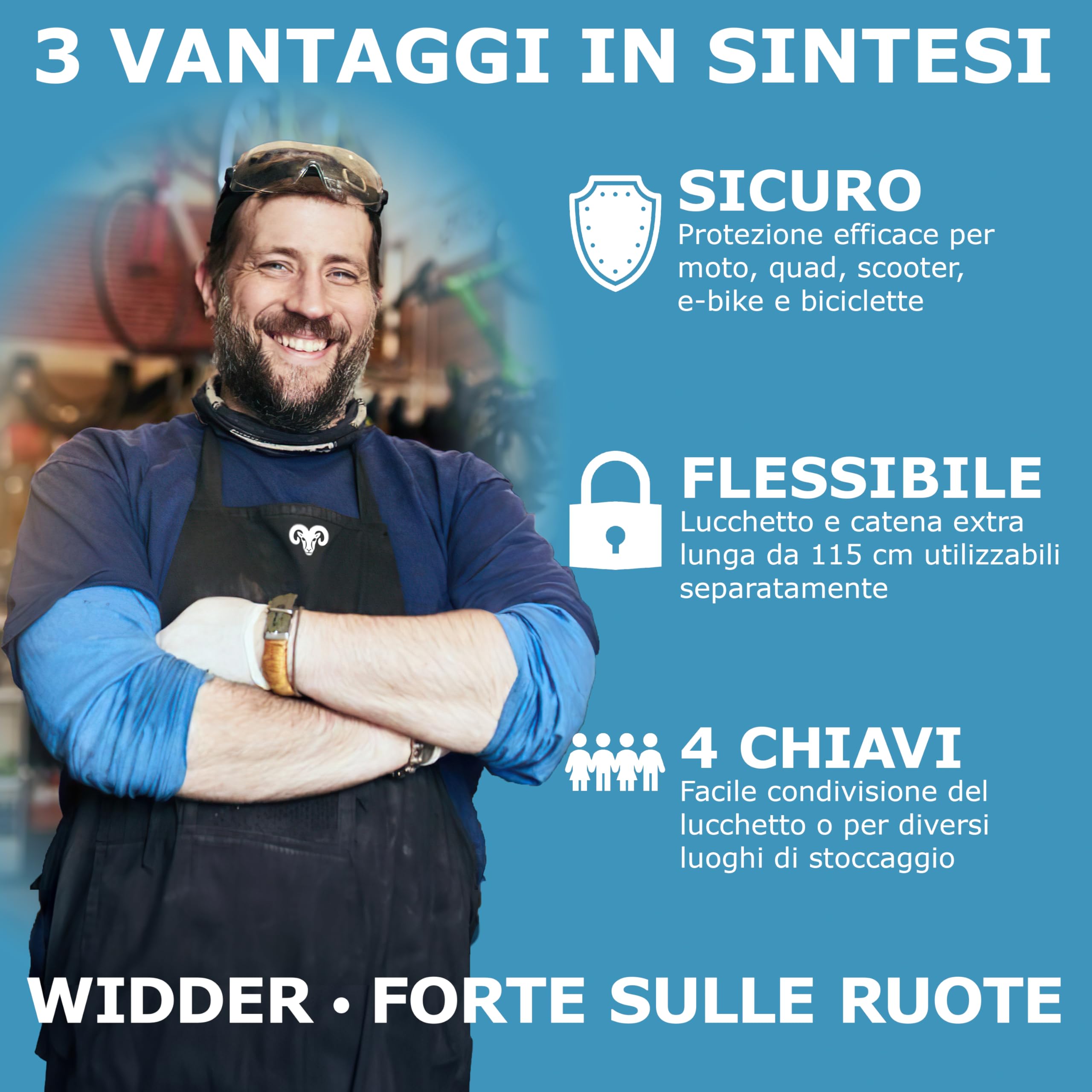 Widder Acciaio-Titanio [Livello 15] Catena antifurto con 4 chiavi 115cm lungo & 11mm massiccio - per Moto Motorino e-Bike Bicicletta e-Scooter Scooter Lucchetto - Antifurti moto & bici alta sicurezza