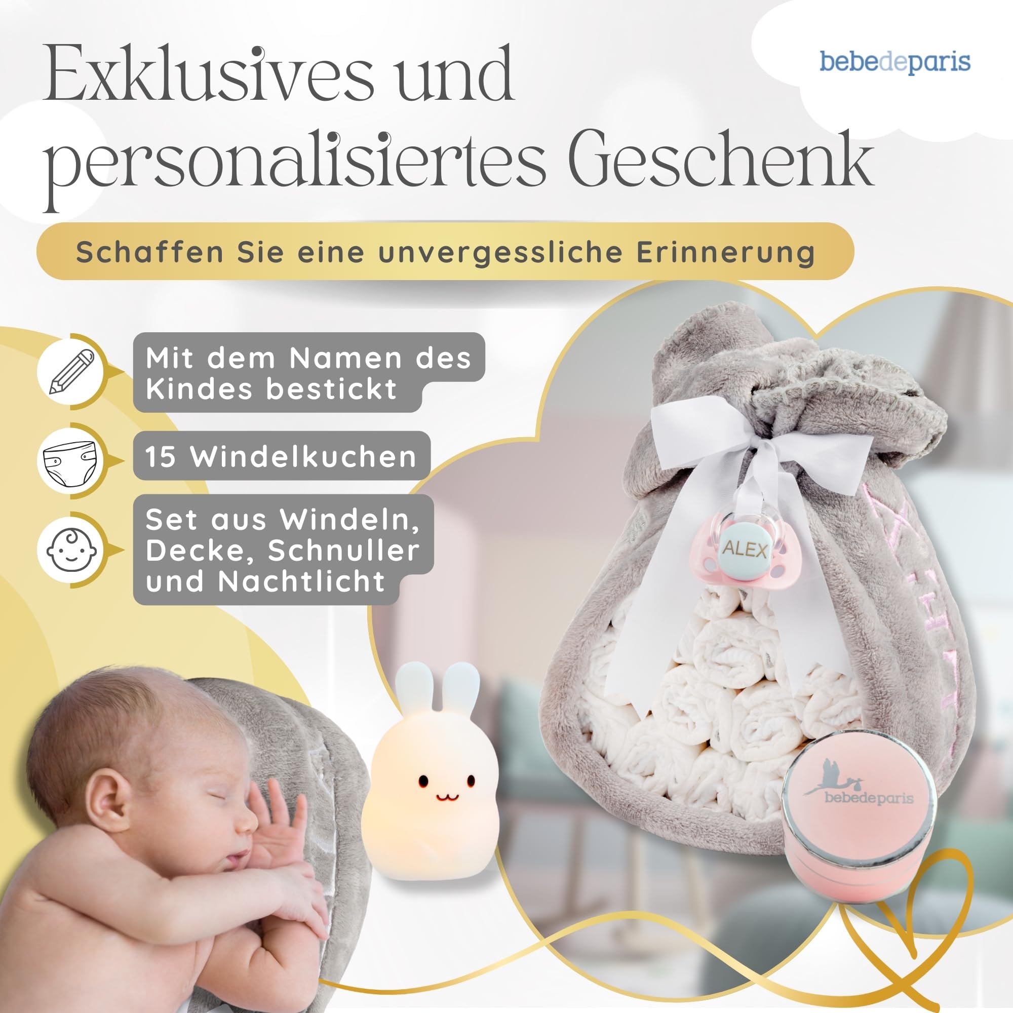 Windeltorte mit Nachtlicht für Babys | Personalisierte Fleecedecke + Schnuller + 15 Moltex Windeln | Geschenk zur Geburt Baby Shower Neugeborenes (Rosa) | BebeDeParis