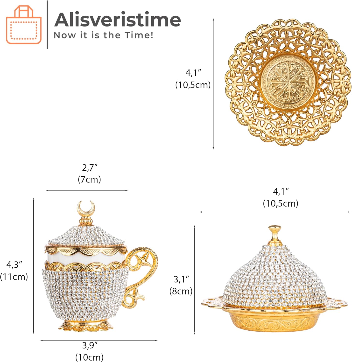 Alisveristime 27 Pc Ottoman Turkish Greek Arabic Coffee Espresso Serving Cup Saucer Crystal Set (Gelincik) - Handcrafted Traditional Set with Hilal Motifs (Gold) - Image 3