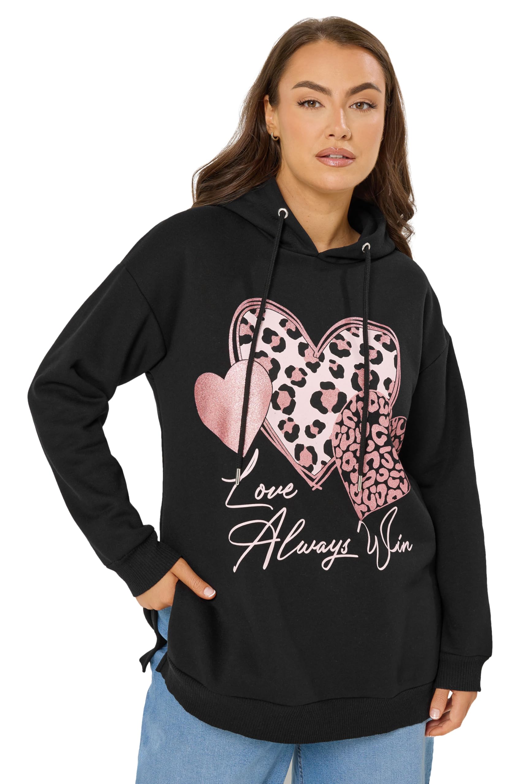 Yours Women's Black Triple Heart Leopard Hoodie In | Size: 26/28