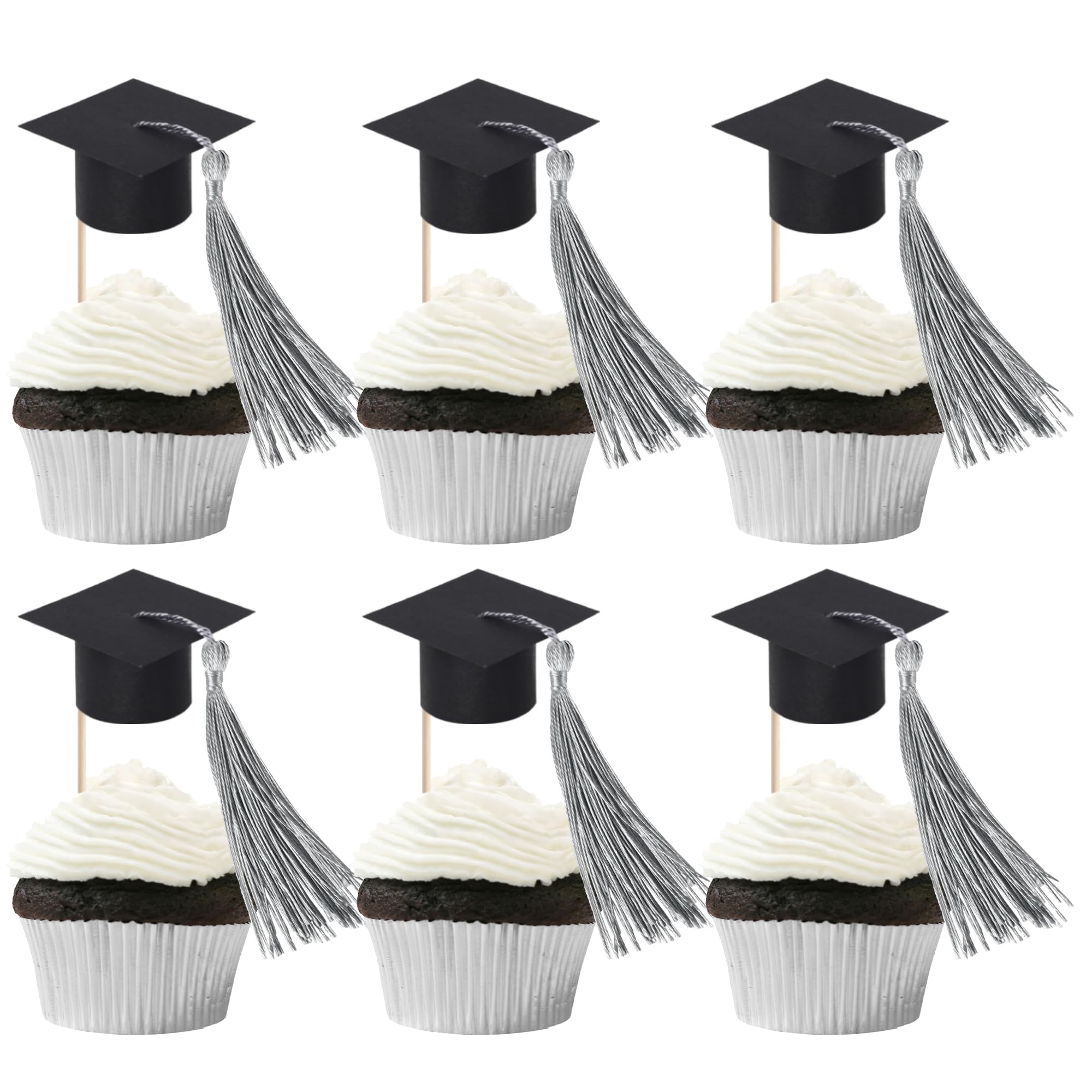 24 Stück 2026 Abschluss Kappe Tortendeko mit Quaste Cupcake Dekorationen Congrats Grad Cap Cupcake Toppers Class of 2026 Kuchen Deko für 2026 Graduierung Thema Party Kuchen Dekorationen Schwarz Silber