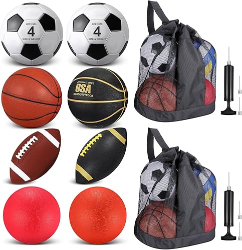 Liliful Juego de 8 pelotas deportivas con bomba de malla, regalos para niños y adolescentes, operación de Navidad, baloncesto, fútbol, fútbol, patio