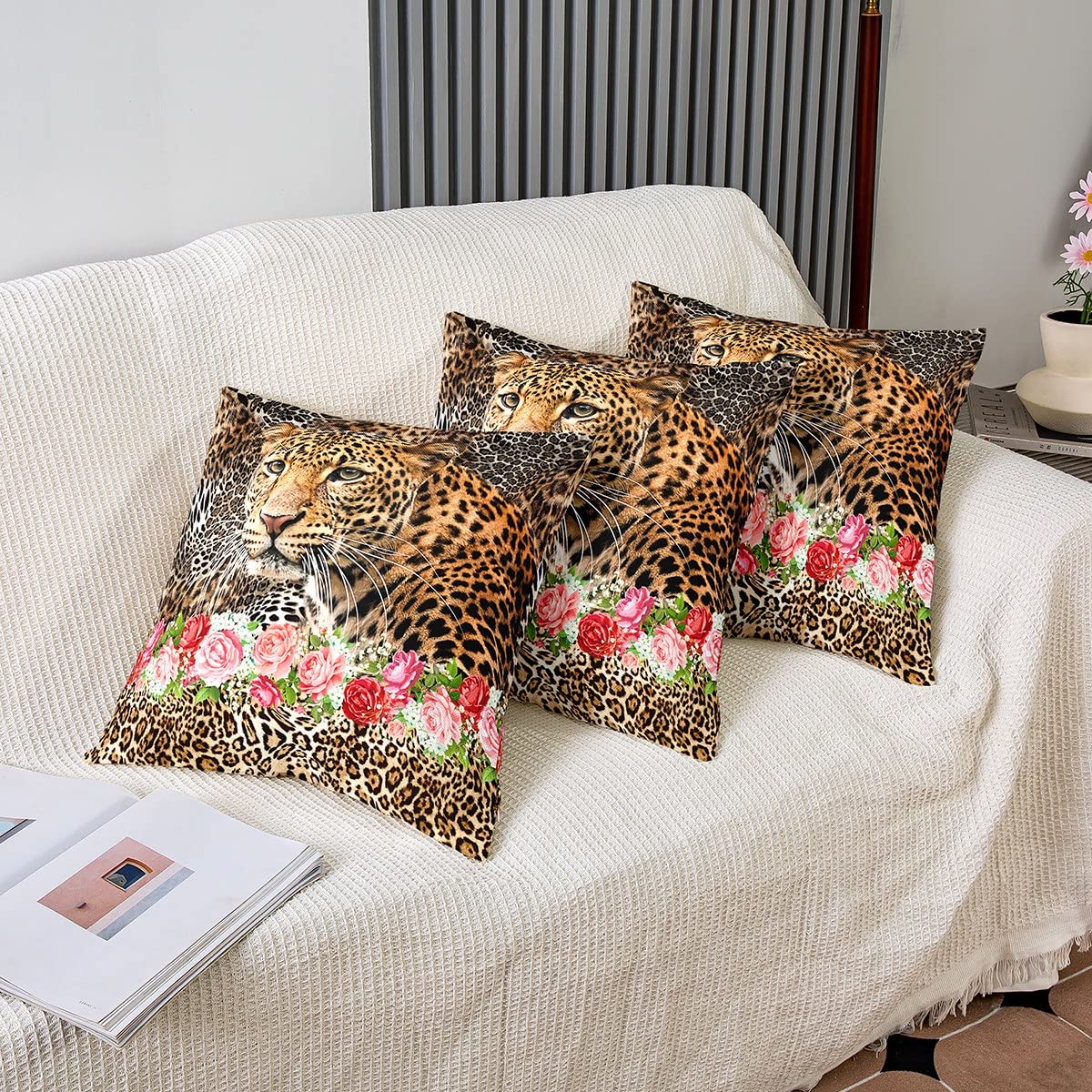 Homemissing Paquete de 4 fundas de almohada decorativas de leopardo, suaves, con estampado de guepardo, diseño de flores occidentales, cuadradas, para sofá, dormitorio, sala de estar, safari, fundas