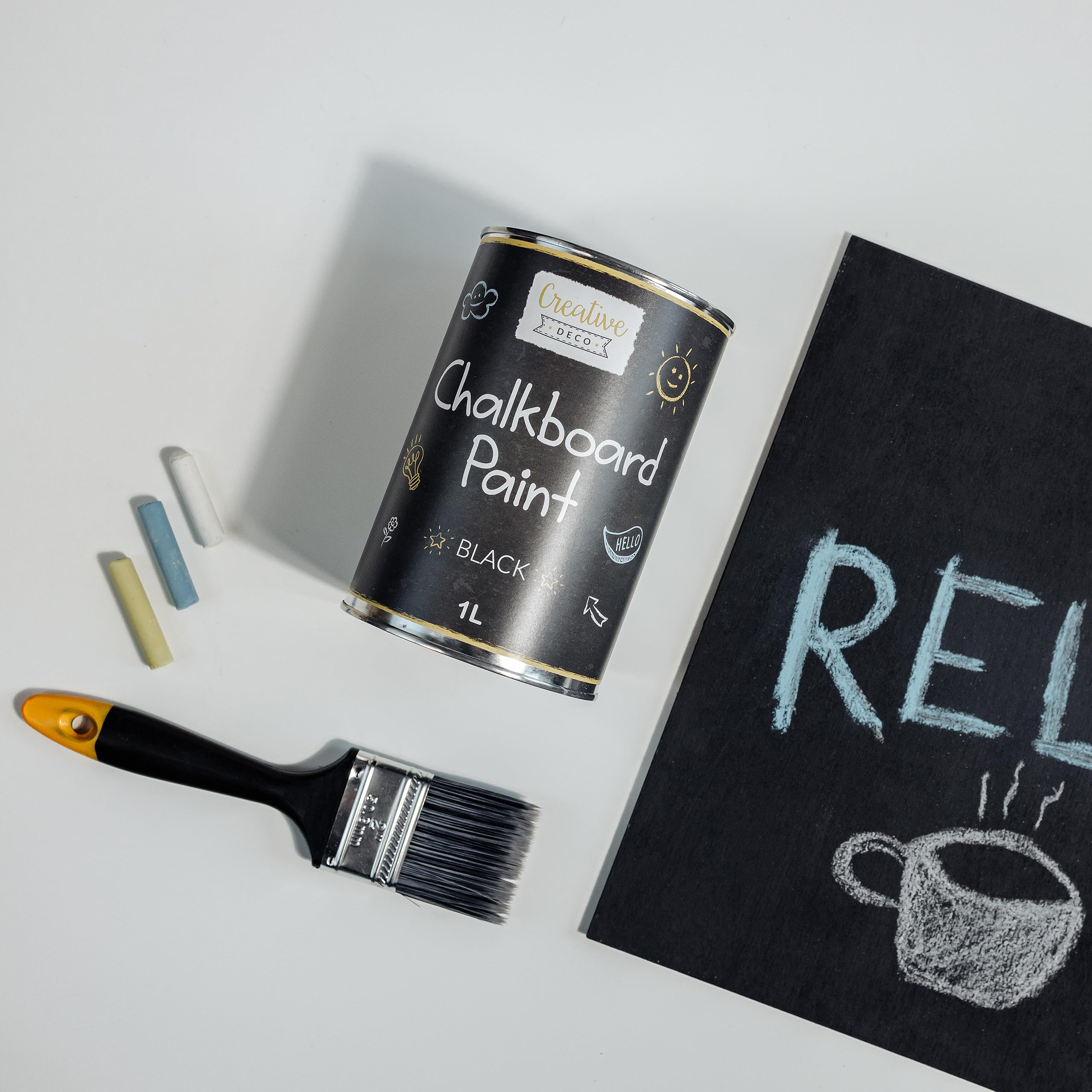 Creative DECO Set de Pintura para Pizarra Negra 1L + Imprimación 1L | para Paredes Muebles Madera Vidrio Metal | Mate, al Agua, no Tóxica | Mejor Adherencia, Protección Manchas, Secado Rápido