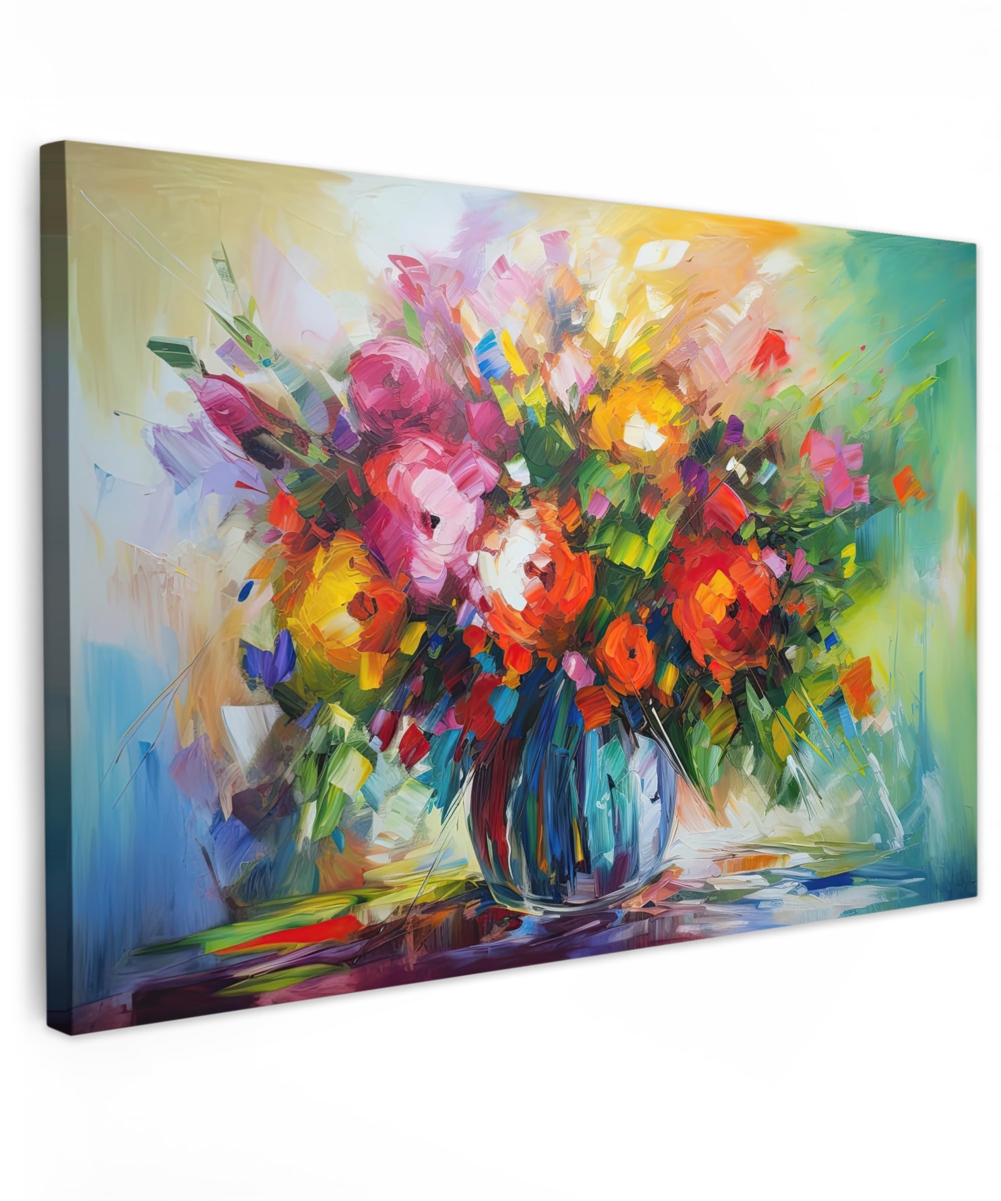 MuchoWow© Leinwand Bilder Klein 30x20 cm Mini Wanddeko Wohnzimmer Aesthetic Room Decor Deko Zimmer Wandbilder Modern Fotogeschenke Kunstdruck - Blumen - Bunt - Blumentopf - Ölfarbe