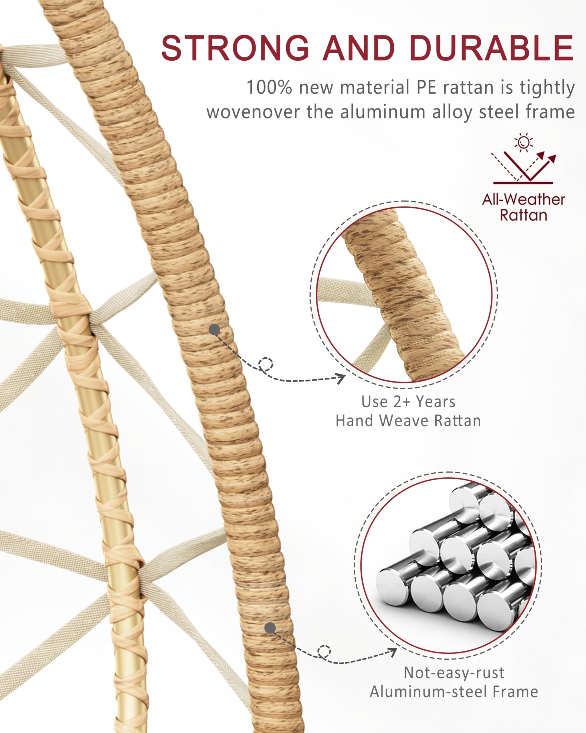 Silla colgante con estructura, reposapiés, silla colgante, en ratán para interiores y exteriores, columpio colgante para jardín, terraza, cuarto de niños, rincón de lectura, hasta 150 kg