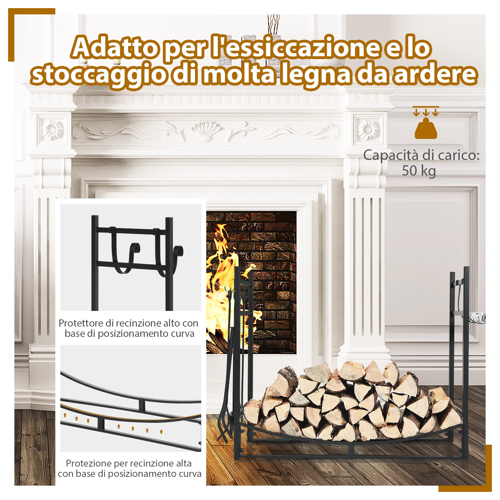 COSTWAY Porta Legna per Interni ed Esterni, Porta Legna per Camino di Metallo con Pala, Attizzatoio, Pinze, Scopa, Ideale per Camino, Stufe e Braciere, Portata 50 kg (90 x 33 x 76 cm)