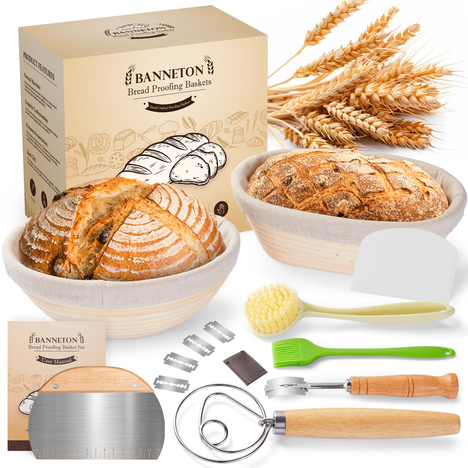 Banneton Bread Proofing Basket - Sourdough Starter Kit Banneton Sourdough Proofing Basket Set of 2, Sourdough Bread Baking Supplies for Making Baking Fermentation (9
