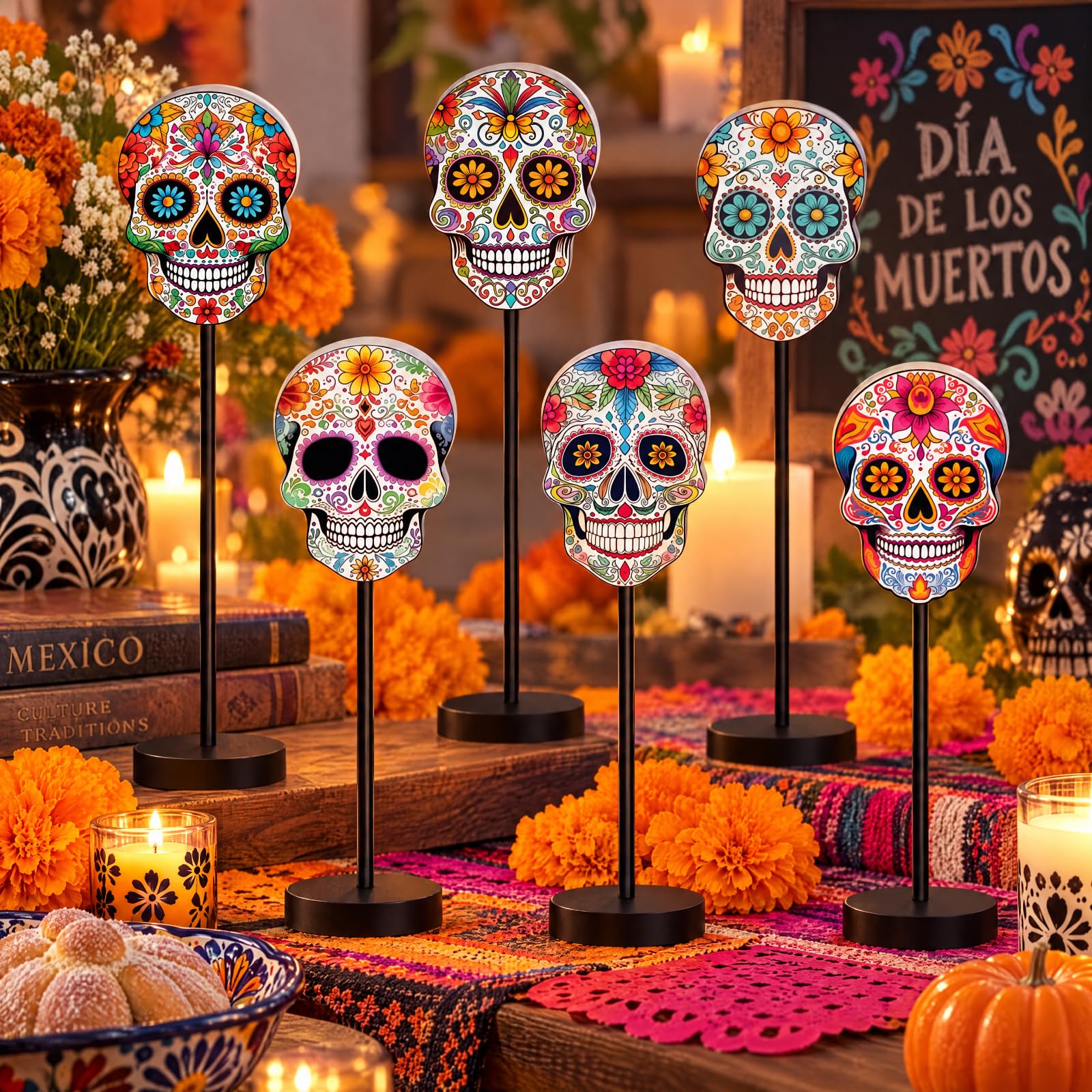 Briwooody 6 Pcs Day of The Dead Wooden Dia De Los Muertos Altar Centerpiece