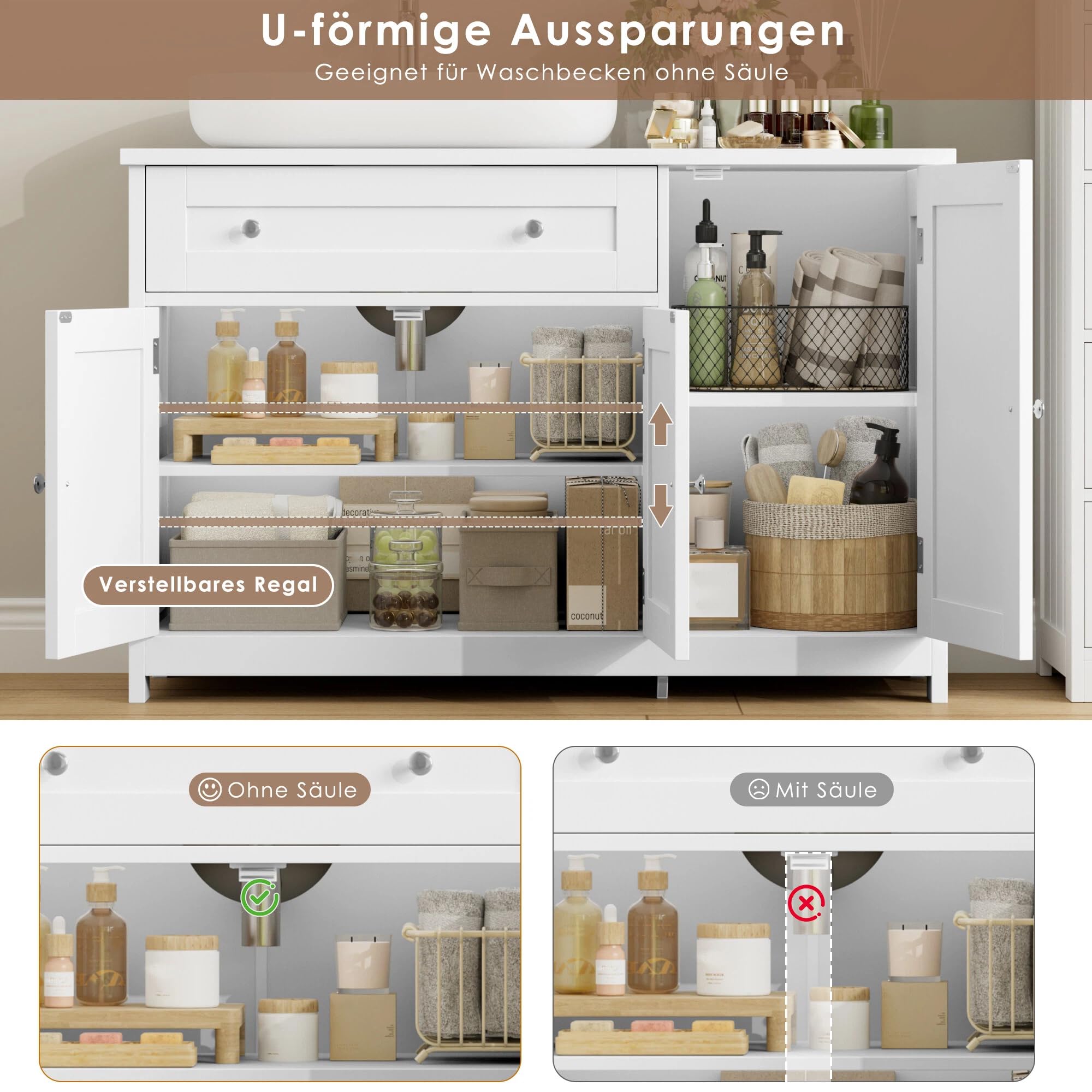 FOREHILL Waschbeckenunterschrank 90cm breit Badezimmer Unterschrank Weiß | Badezimmerschrank mit 3 Türen, 1 Schublade und verstellbarem Regal, 90x30x61,5cm