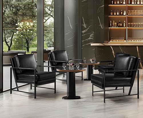 Miniatura 17 de Yaheetech Sillón de piel sintética, silla retro de ocio con acolchado y cojín extrasuave, moderna silla de lectura con marco de metal negro para