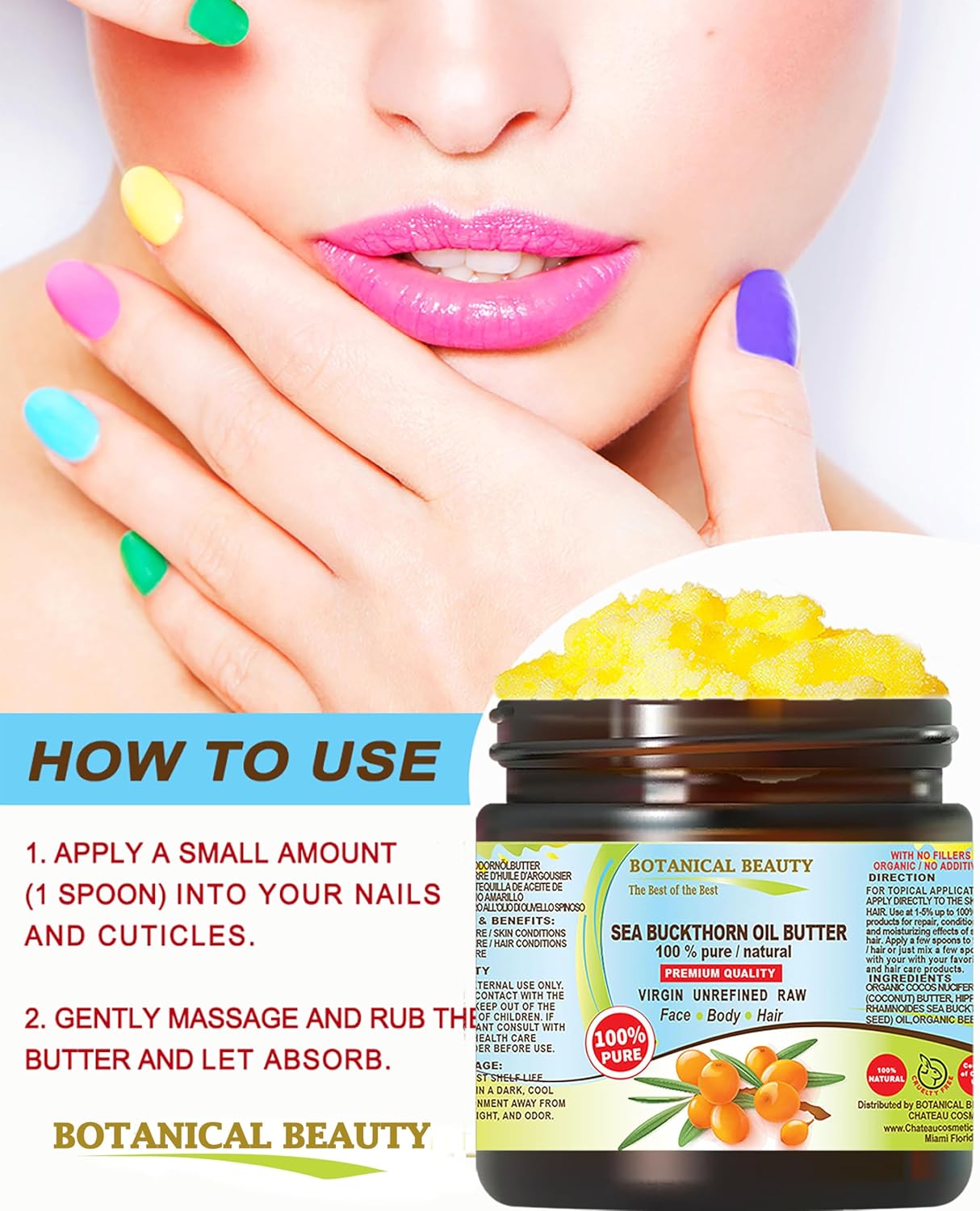 Botanical Beauty SEA BUCKTHORN OIL BUTTER Pure Natural Virgin Unrefined RAW for FACE SKIN BODY HAIR NAILS, vitamin C (4 Fl Oz) - Image 5