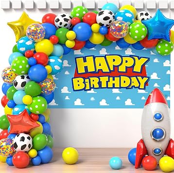 Blue Red Yellow Balloon Arch Garland Kit, Cow Cloud Pattern Green Confetti Latex Balloons For Cartoon Theme Birthday Baby Shower Decorations, Balloon Arch with Backdrop Cow Print Balloons Star Rocket