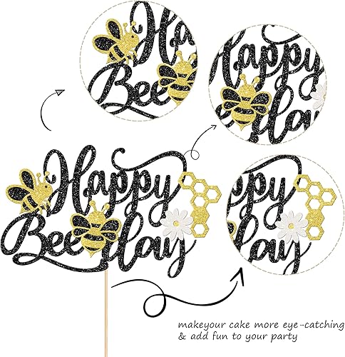 Miniatura 2 de 1 decoración para pastel con diseño de abeja y flores con purpurina de panal de abejorros para pastel de cumpleaños, para temática de abejas, baby
