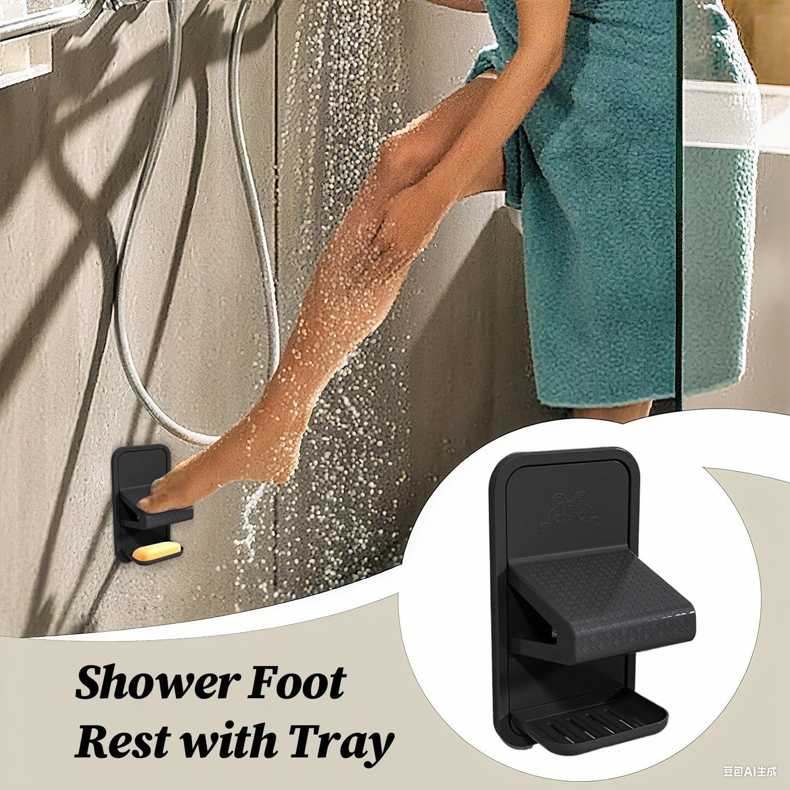 Shower Foot Rest – PP 21.5x11x9.2cm | Leg Shaving Footstool With Tray, Wall Bathroom Accessory For Metal, Glass, Marble Surfaces In Apartment, Hotel, RV Any Setting.