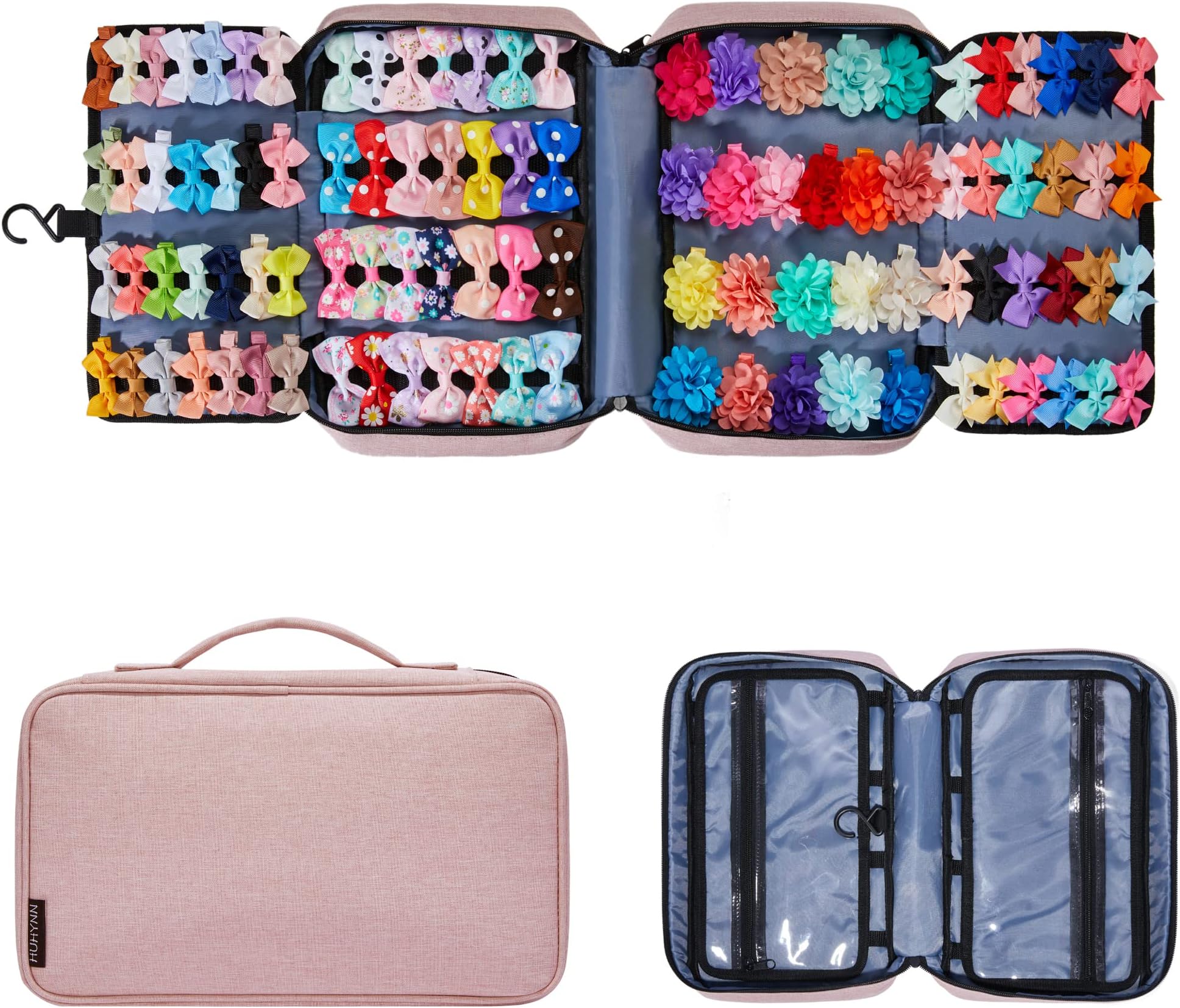 Hair Organizer for Girls, Multi-Compartment Storage Bag, Baby Hair Accessories Organizer for Travel (Pink)