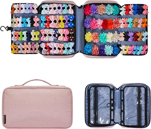 Hair Accessories Organizer for Girls, Hair Accessories Storage Bag, Hair Bow Storage Organaizer for Girls with Multi-Compartments, Baby Hair Accessories Organizer for Travel, Pink, Hair Bow