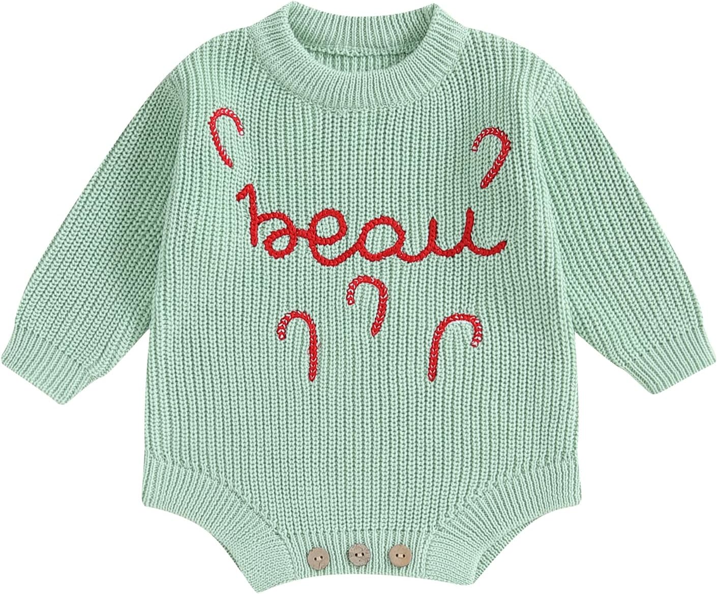 Lesimsam Newborn Baby Boy Girl Christmas Outfit Knit Sweater Romper Oversized Long Sleeve Bubble Bodysuit Warm Winter Clothes