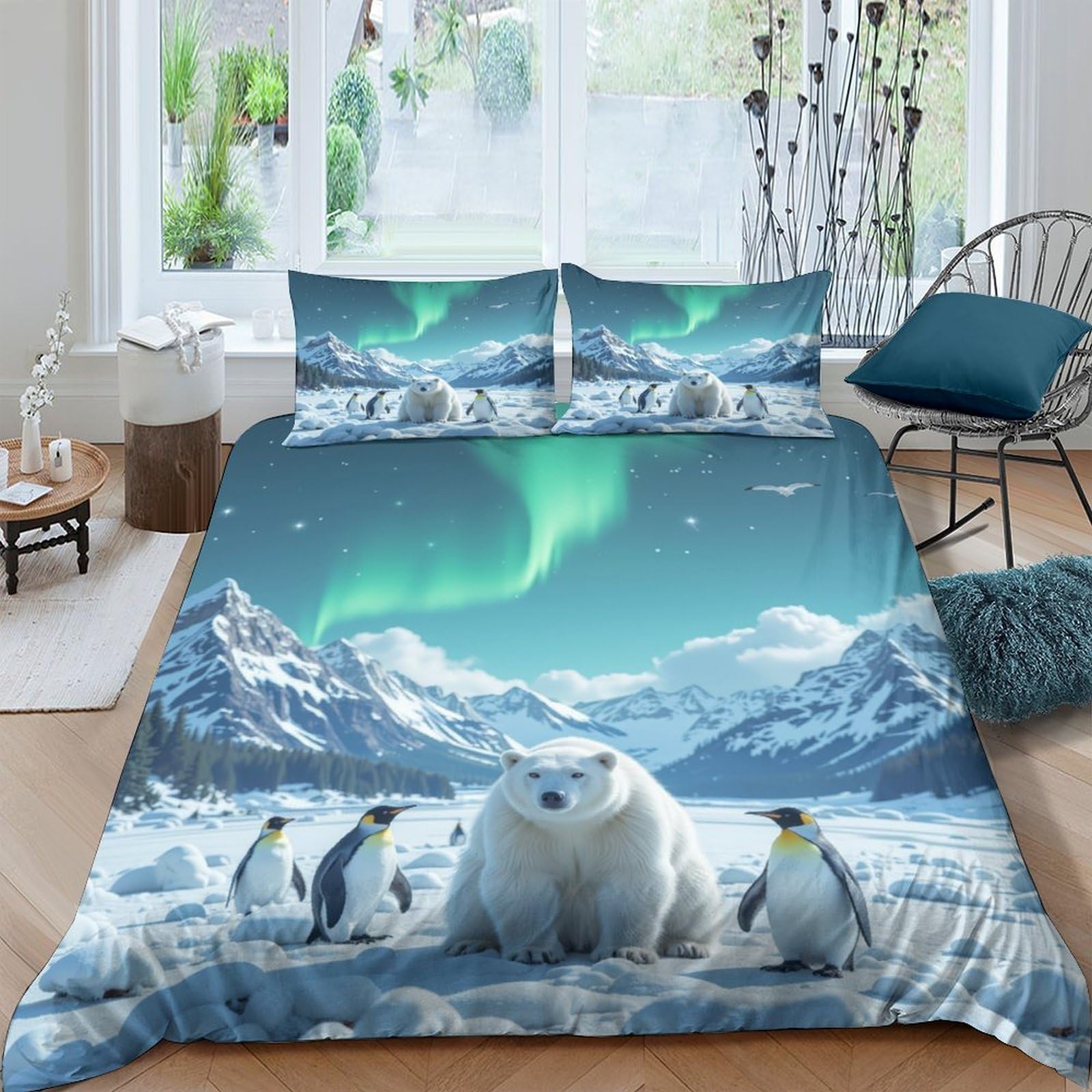 Ctjqhvkz Style-10 3D Printed Aurora Polar Bear Fitted Sheet Microfiber Soft Bedroom Decor Penguin Mattress Cover Single（135X200cm）