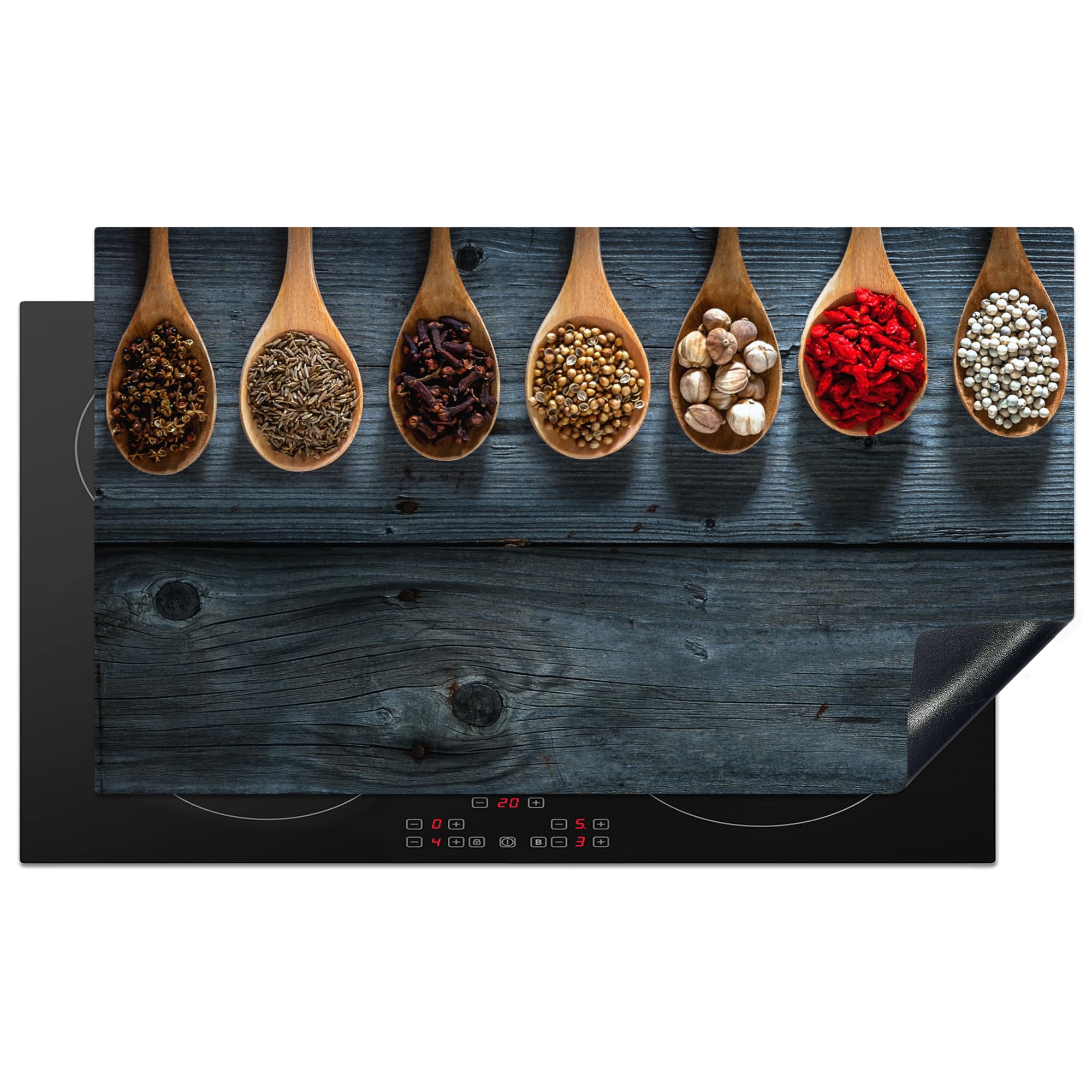 KitchenYeah© Induction Hob Protector Mat 20.8"x36" / 91.6x52.7 cm Stove Cap Top Cover Kitchen Cooker Covers for Electric Hobs Vinyl Herbs - Spoons - Wood - Kitchen - Spices - Industrial