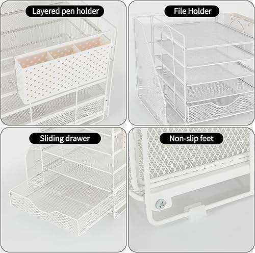Miniatura 6 de Organizador de escritorio con cajón y soporte para bolígrafos, organizador de bandeja de papel de 5 niveles con soporte para archivos, adecuado para