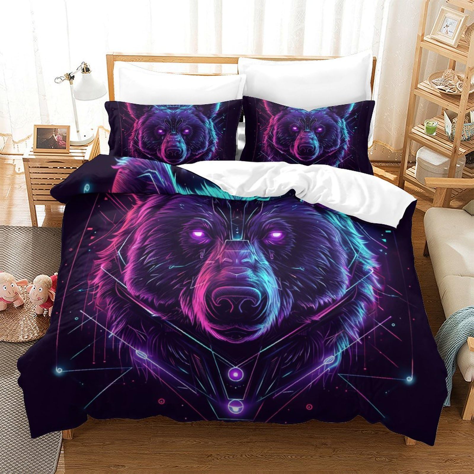 Parure de lit ours 3D 260x220 cm, housse de couette microfibre et taies d'oreiller pour ado