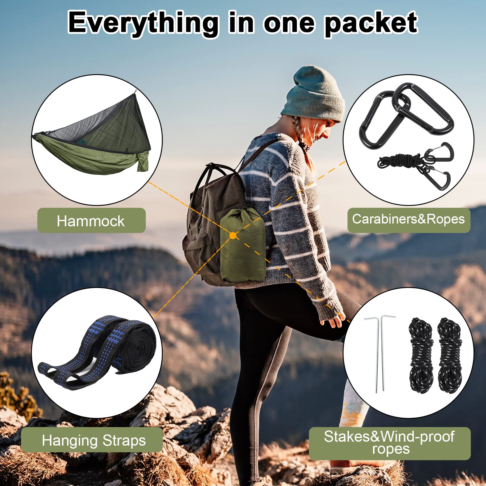 UPhitnis Hängematte Outdoor mit Moskitonetz 600lb Traglast Atmungsaktiv Ultraleicht Fallschirm Nylon Camping Reisehängematte