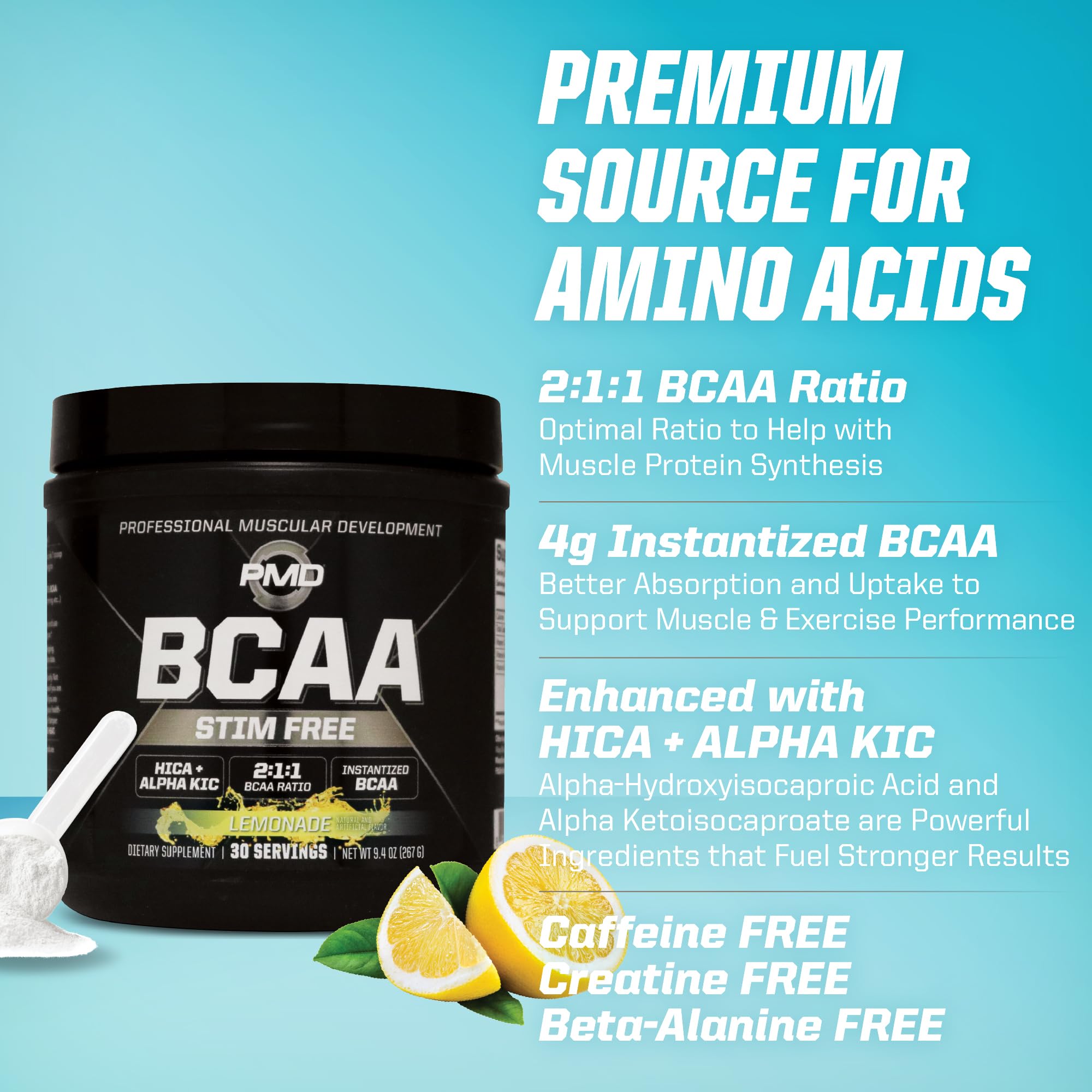 PMD Sports BCAA Stim-Free Amino Acids - Better Workout Performance, Enhanced Recovery, Daily Energy, Muscle Builder, and Muscle Sparing - BCAA Powder Drink Mix - Lemonade (30 Servings) — Amazon image 8