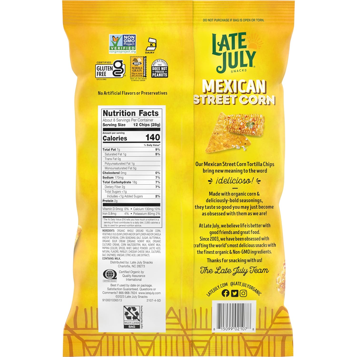 Late July Snacks, Mexican Street Corn Tortilla Chips, 7.8 Oz Bag (Pack of 12)
