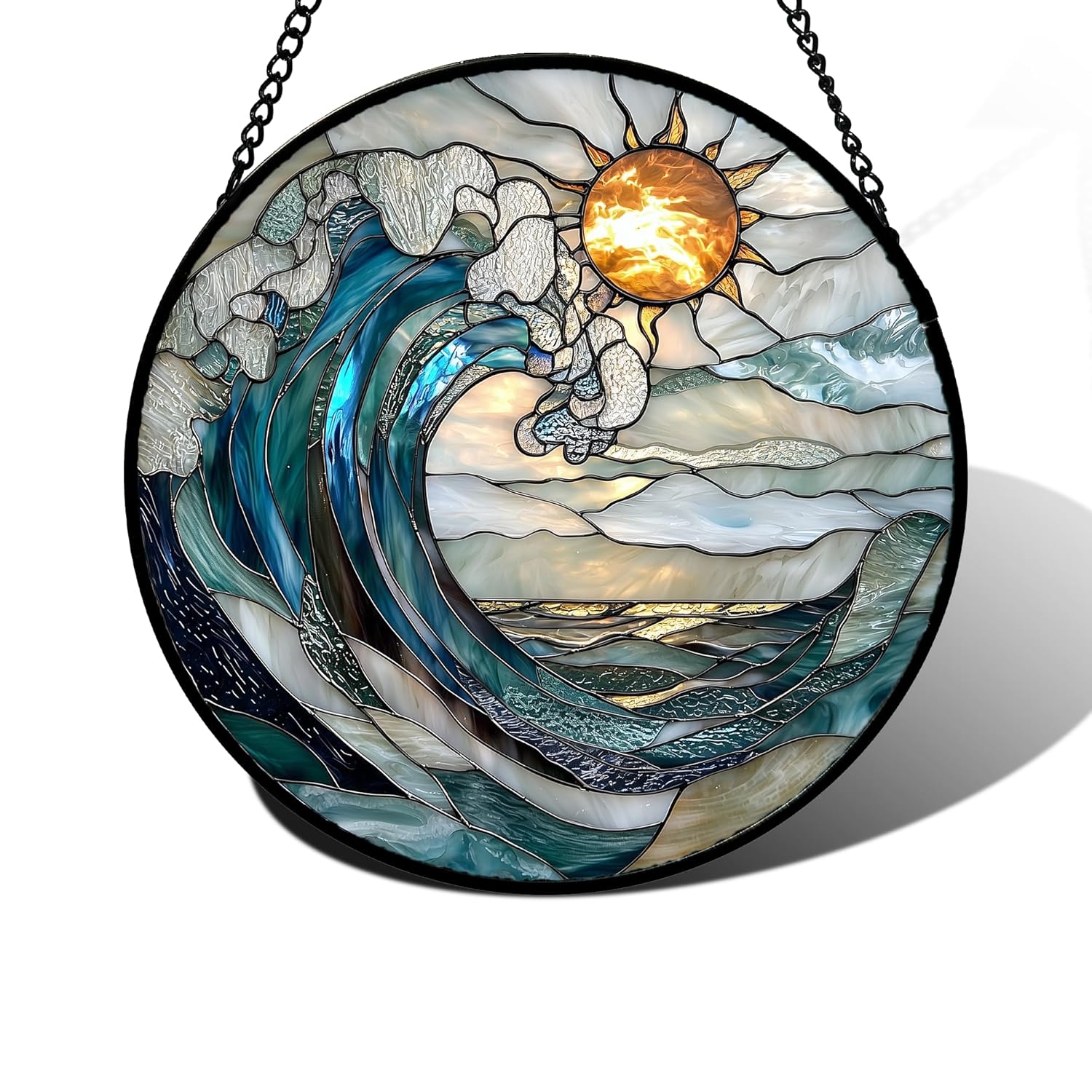 Stained Glass Window Hanging Blue and White Waves Suncatcher Diamond Glass Panel Landscape Sun Catchers Decor for Birthday