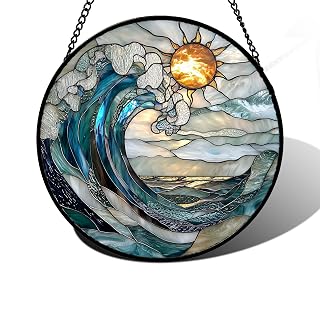 DASTOLL Stained Glass Window Hanging, Blue and White Waves Suncatcher Diamond Glass Panel Landscape Sun Catchers Decor for Birthday for Women, Men, Wife, Aunt, and Mom 6.3 x6.3 in - Amazon product rated Grade A