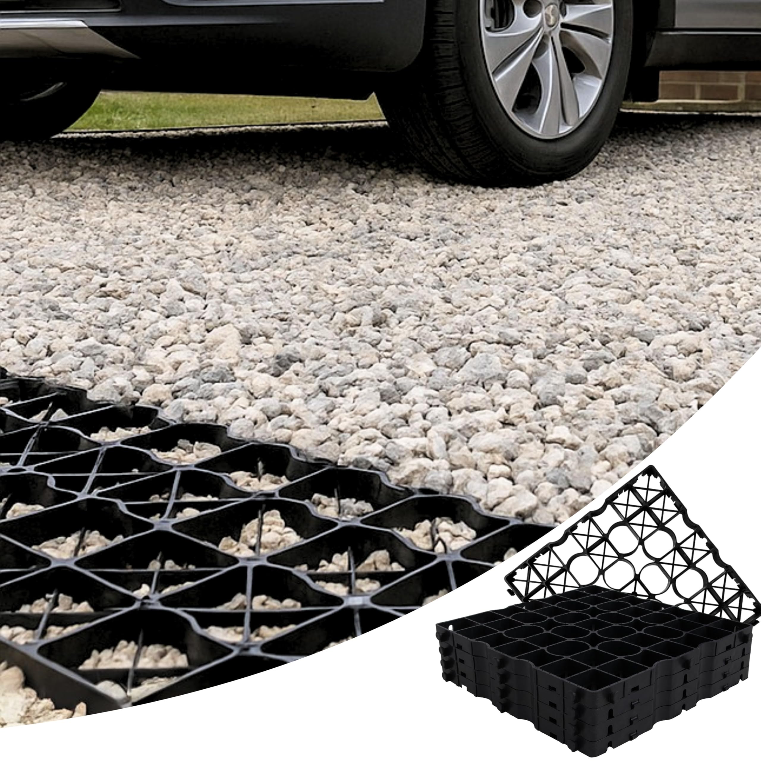 Novecrafto Black Gravel Grid Set Of 8 Pcs 21.52Ft² (2M²) - Heavy Duty Low Profile H 1.18" (3Cm) Plastic Grid 19.69"X19.69" (50X50cm) - Universal Use For Parking, Driveways Or Garden Lawn, Greenhouse Or Shed Base