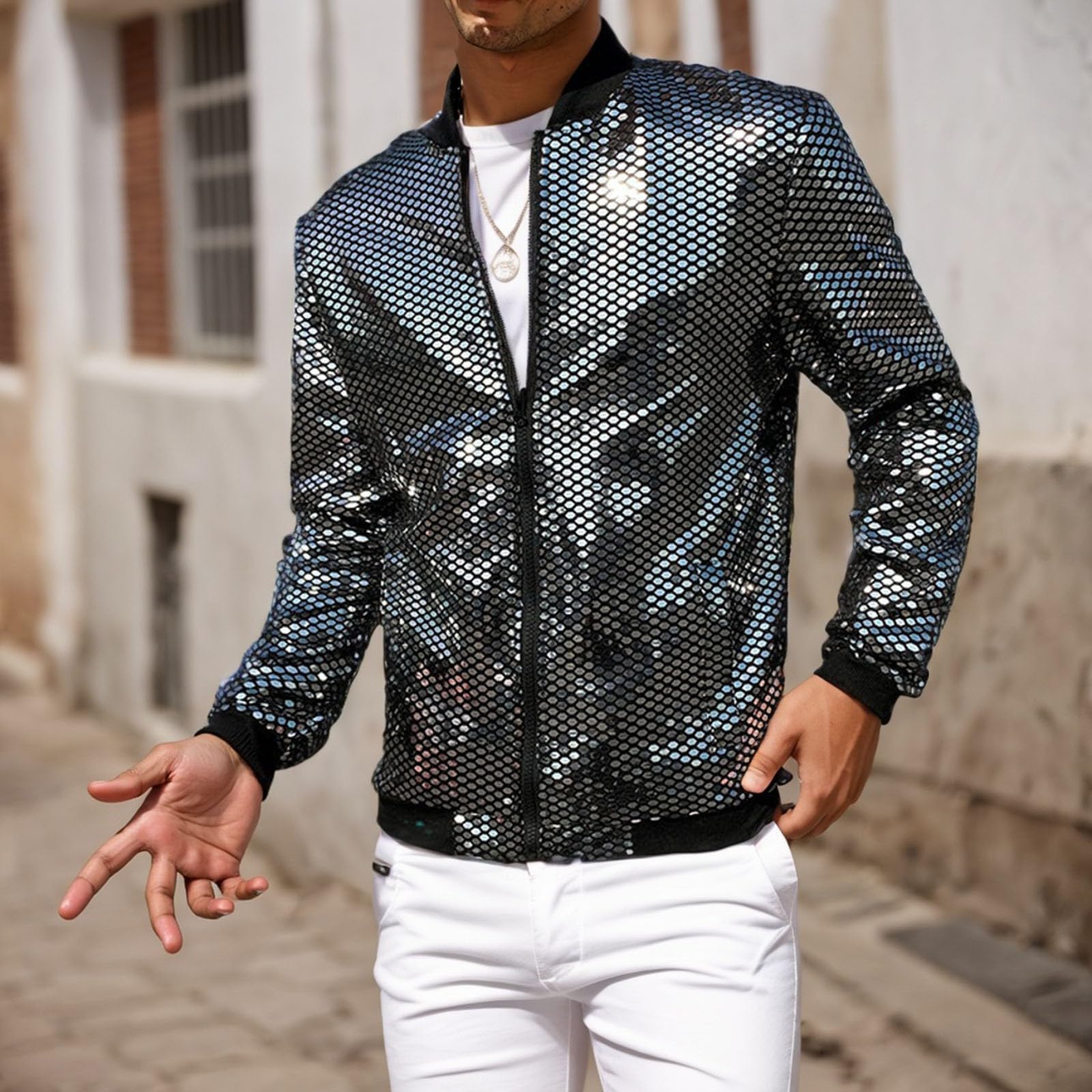 Generisch Giubbotto bomber da uomo con paillette, giacca da aviatore 70s, abbigliamento da discoteca, colletto alto, con chiusura lampo, per le mezze stagioni, per clubwear