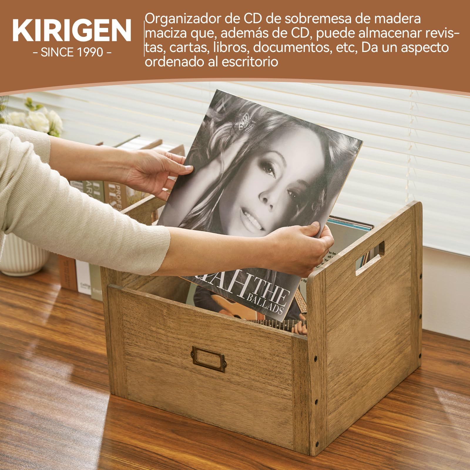 KIRIGEN Caja para Vinilos, Caja de Madera para Discos LP, Marrón oscuro