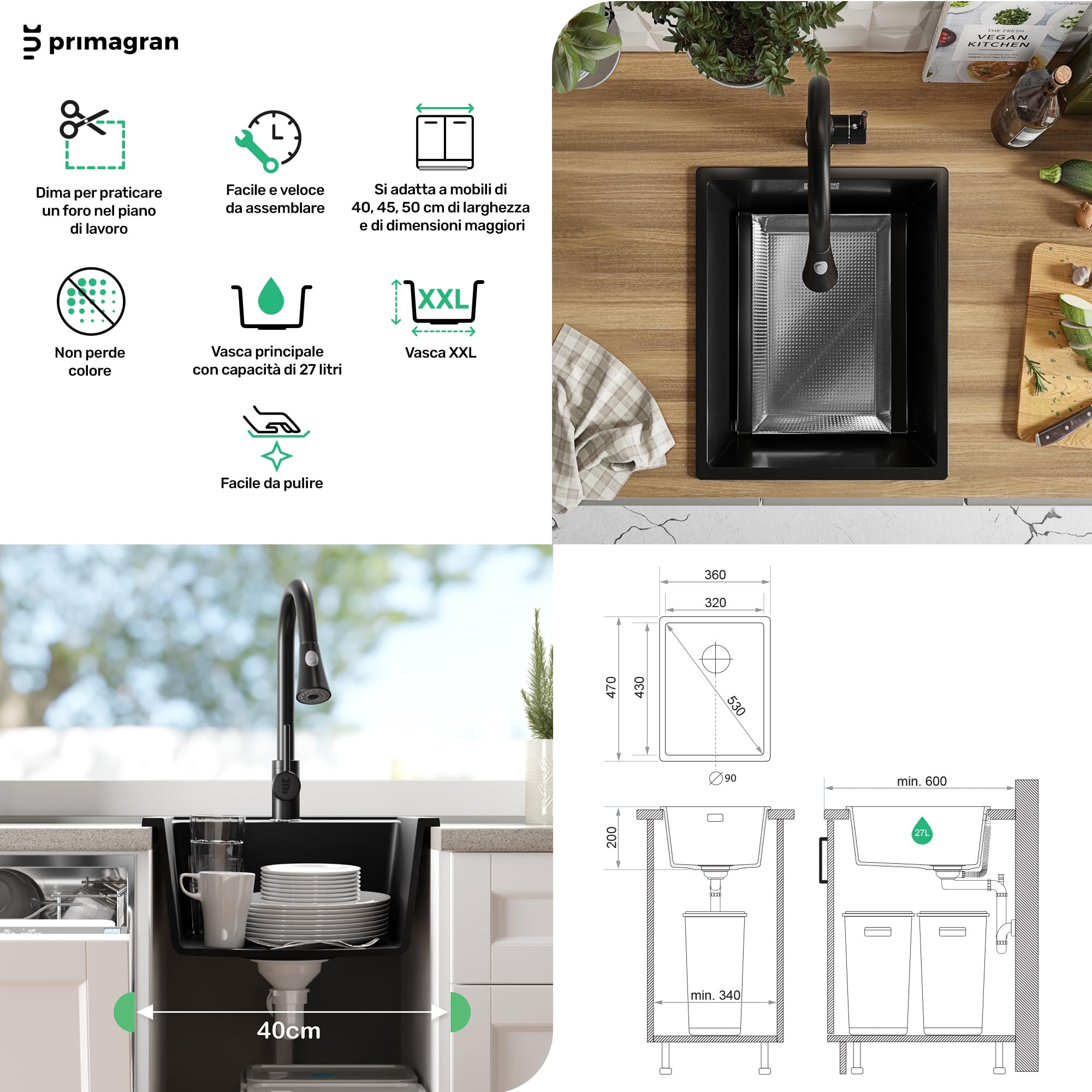 PRIMAGRAN Lavello da Cucina Tutto Bianco 36x47cm, Lavandino in Granito a 1 vasca + Sifone Classico, Lavabo da Cucina Incasso al Mobile 40cm - London Slim S034