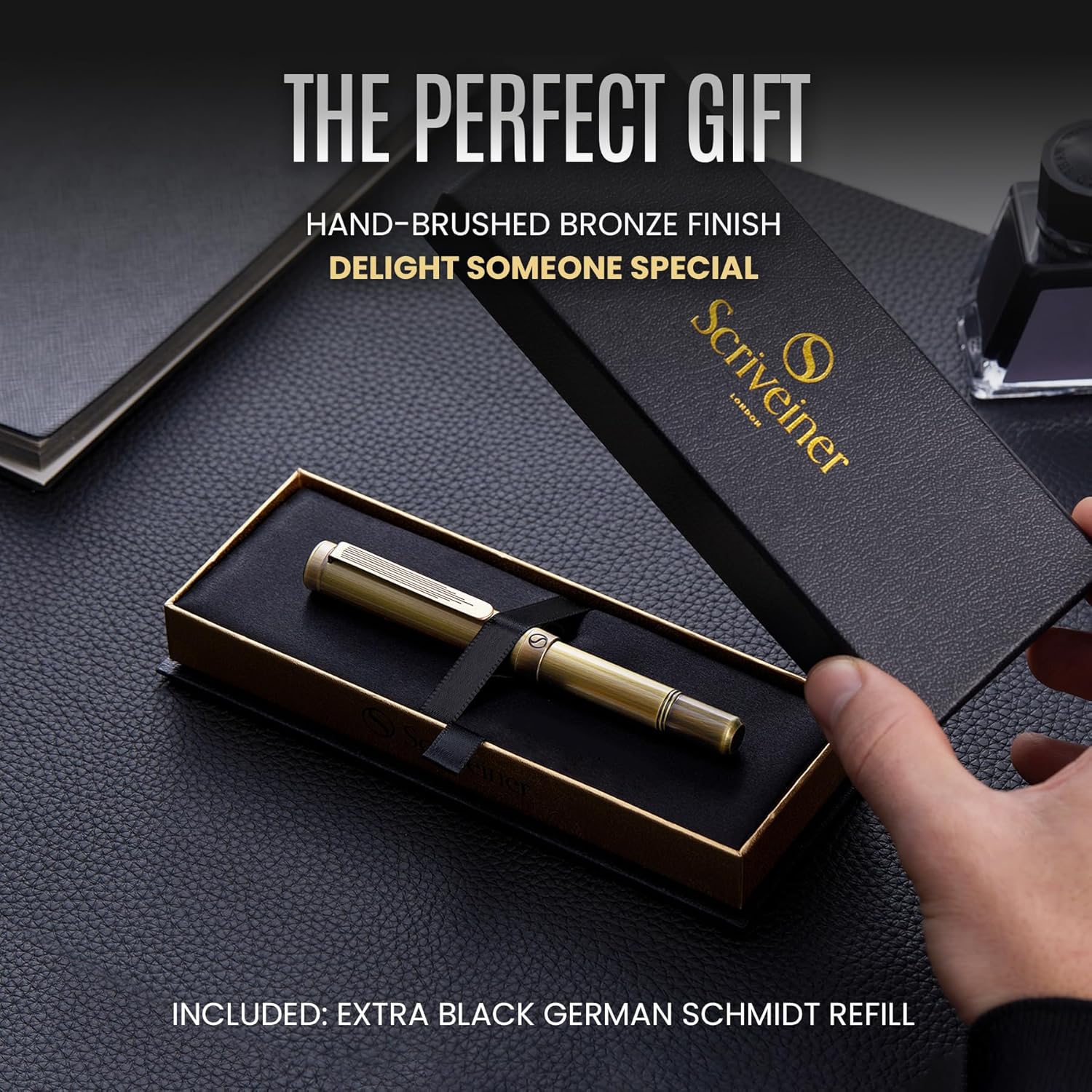 Scriveiner Brass EDC Luxury Rollerball Pen, Stunning Heavy Pocket Rollerball, Hand Brushed Bronze Finish, Best Writing Gift for Men, Women, German Schmidt Refill, Fancy Office & Designer Pen