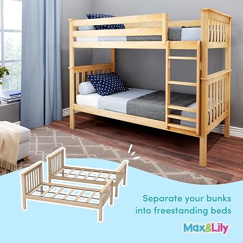 Miniatura 132 de Max & Lily - Litera de tamaño individual sobre matrimonial con escalera, base de cama de madera maciza para niños, barandillas de seguridad de 14