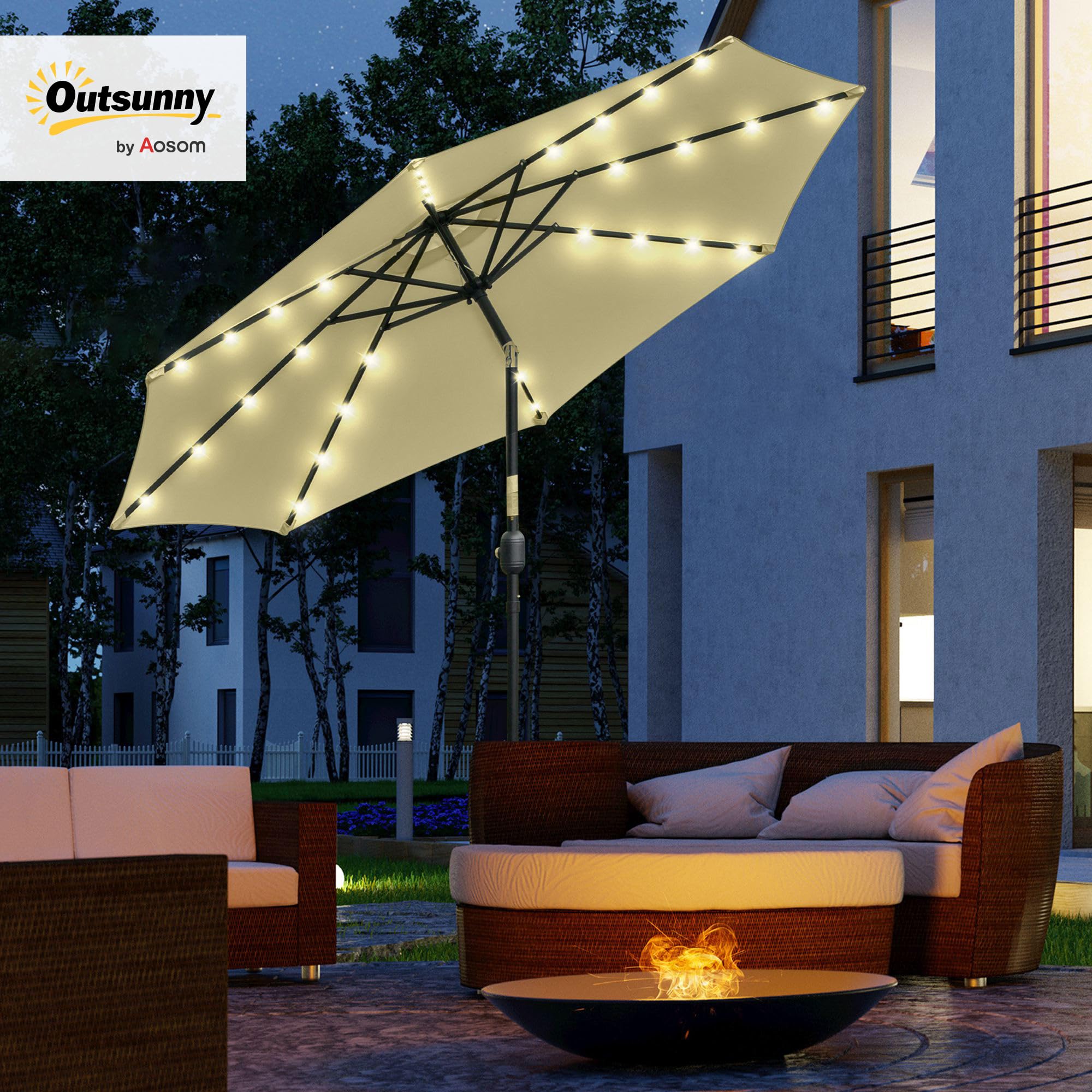 Outsunny Sombrilla Terraza Exterior Ø265 cm con 32 Luces LED Solares Beige | Sombrilla de Jardín, Poste de Acero, Manivela de Parasol Inclinable, para Patio, Terraza
