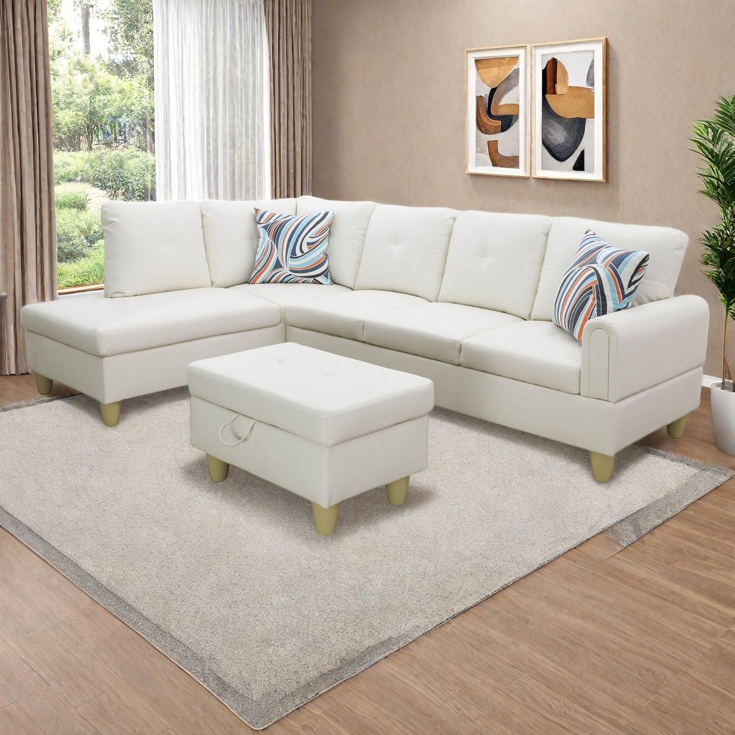 NicBex Modular L-Shaped Sectional Couches, 3-Piece Convertible Couch with Storage Ottoman, 4-Seat Comfy Sofa with Chaise for Living Room & Apartment, Elegant White