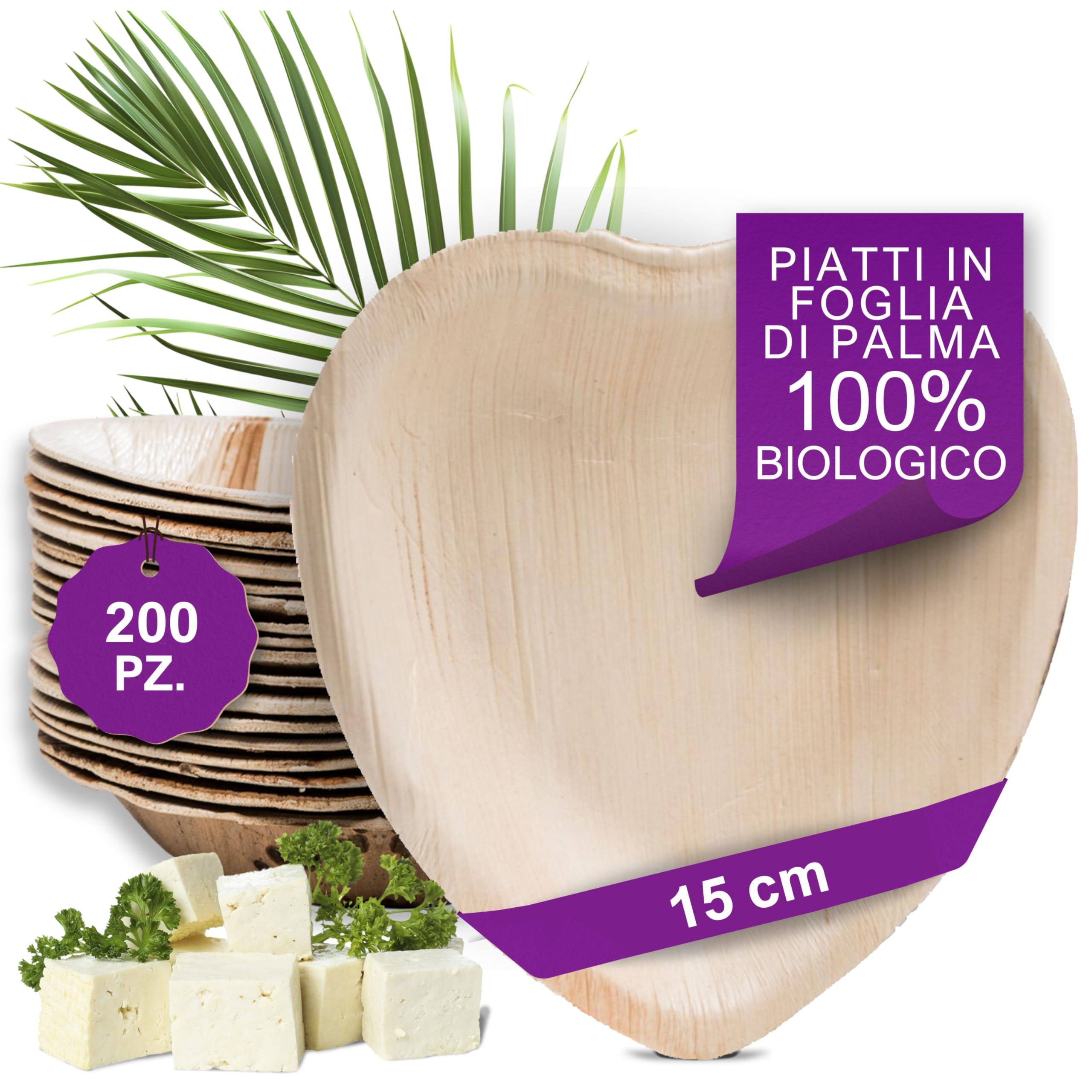 Piatti in Foglia di Palma Biologici - Set Cuore 15 cm da 200 Pezzi - Stoviglie Monouso Biodegradabili di Alta Qualità - Eleganti e Resistenti - Simile al Bambu - Ideale per Feste