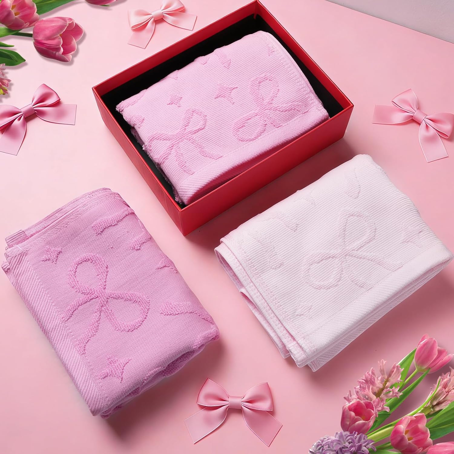 Shemilly 3pcs Bow Hand Towels Set Pink Bow Jacquard Hand Towel for Bath 100% Cotton Soft Bathroom Kitchen Decorative Set for Spring Summer Holiday Decor Gift,14 x 29 Inch - Image 4