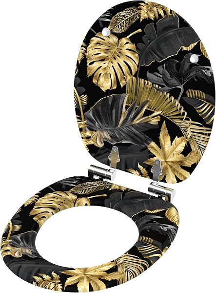 Sanilo Abattant WC frein de chute, Grande sélection de lunettes de toilette avec abaissement automatique, Fixation facile (Golden Leaves) - 4